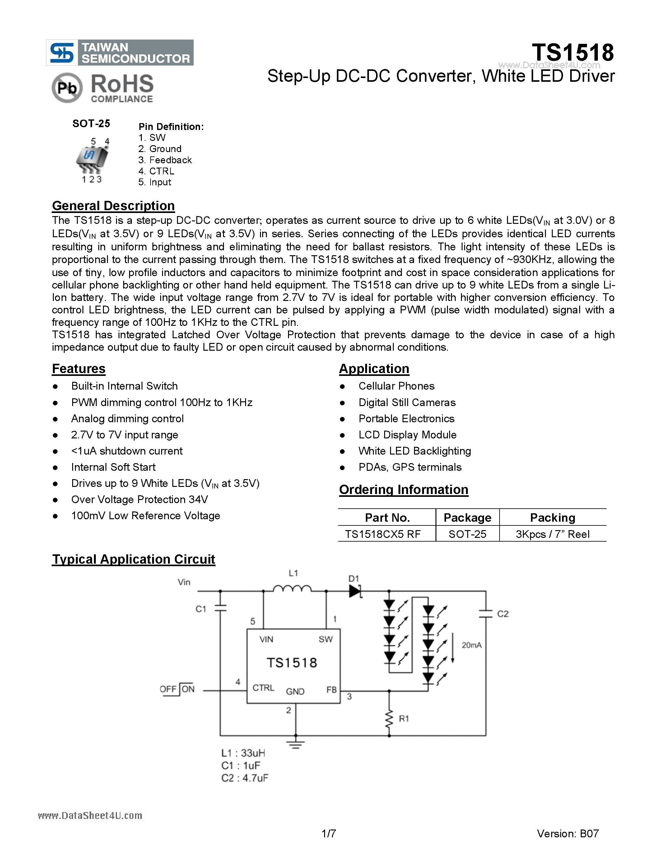 Datasheet TS1518 - White LED Driver page 1