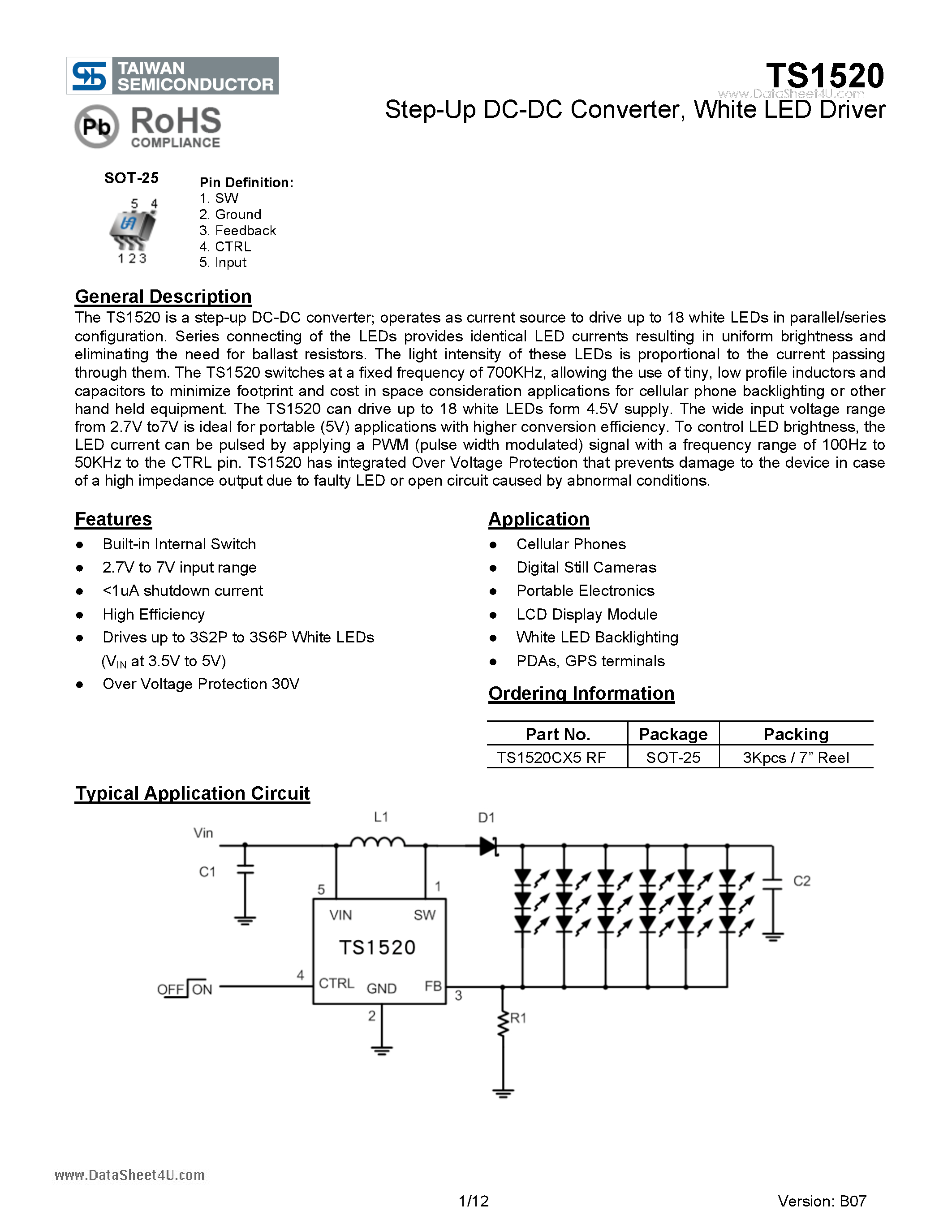 Datasheet TS1520 page 1 Datasheet TS1520 - White LED Driver page 1