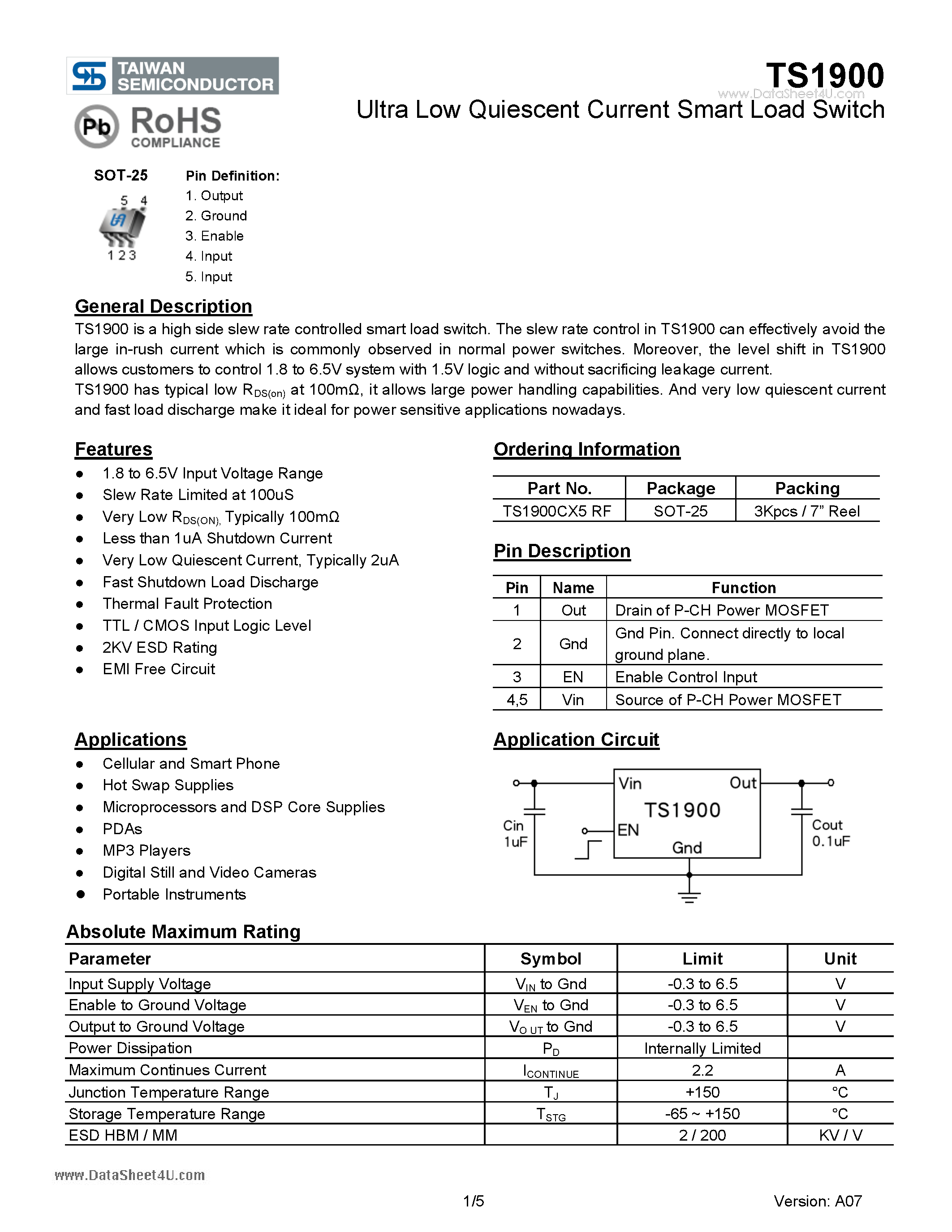 Datasheet TS1900 page 1 Datasheet TS1900 - Ultra Low Quiescent Current Smart Load Switch page 1
