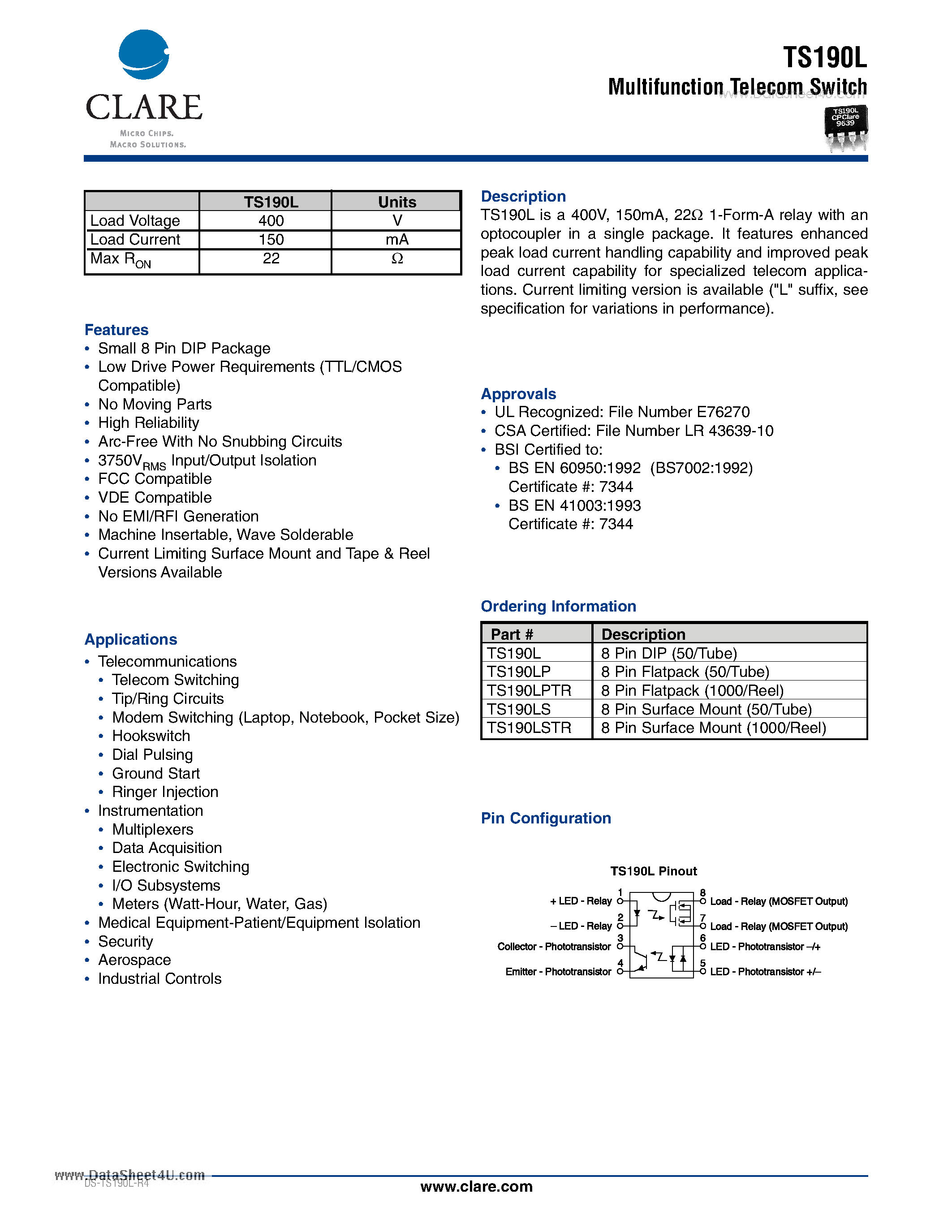 Datasheet TS190L - Multifunction Telecom Switch page 1