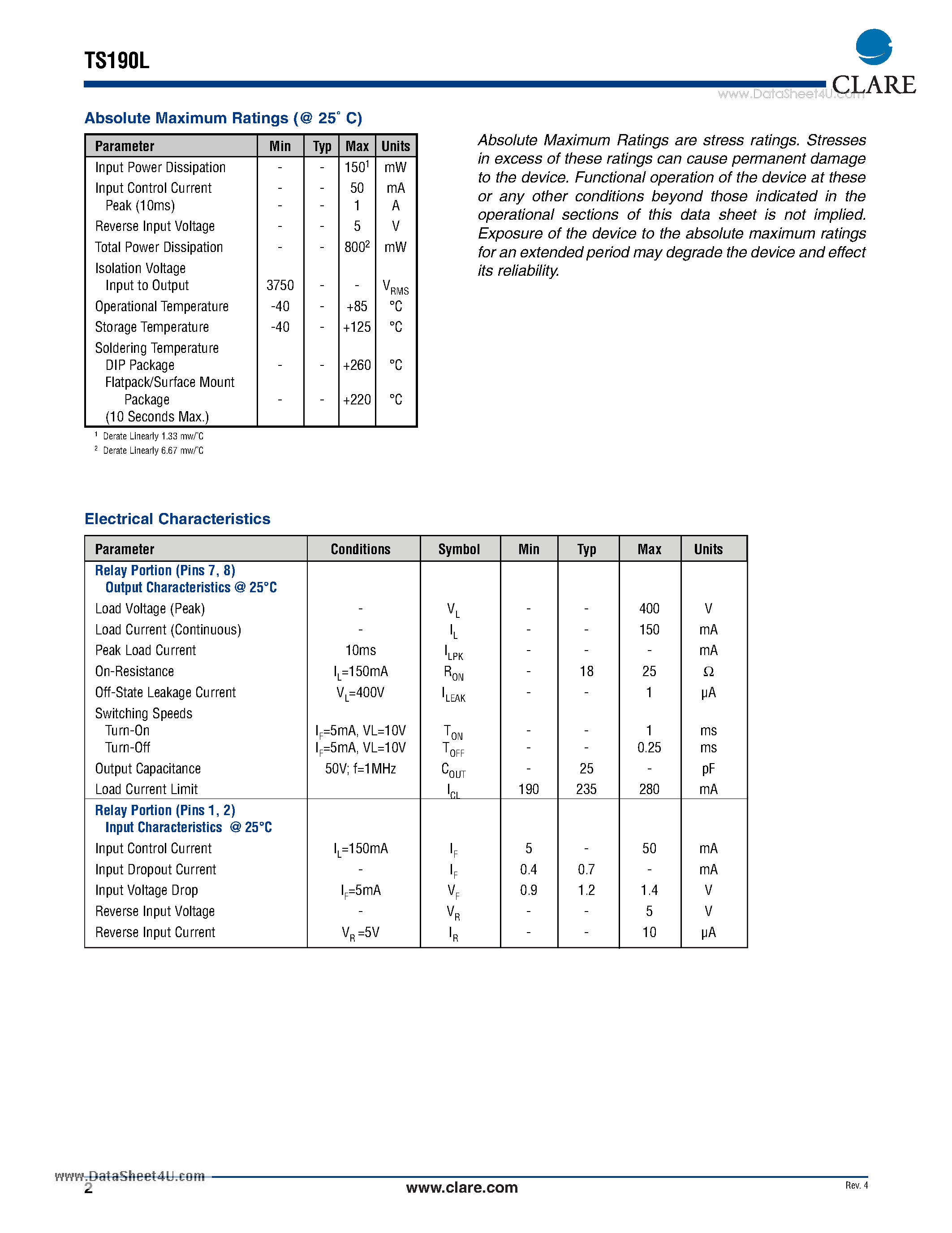 Даташит на микросхему TS190L страница 2 Даташит TS190L - Multifunction Telecom Switch страница 2
