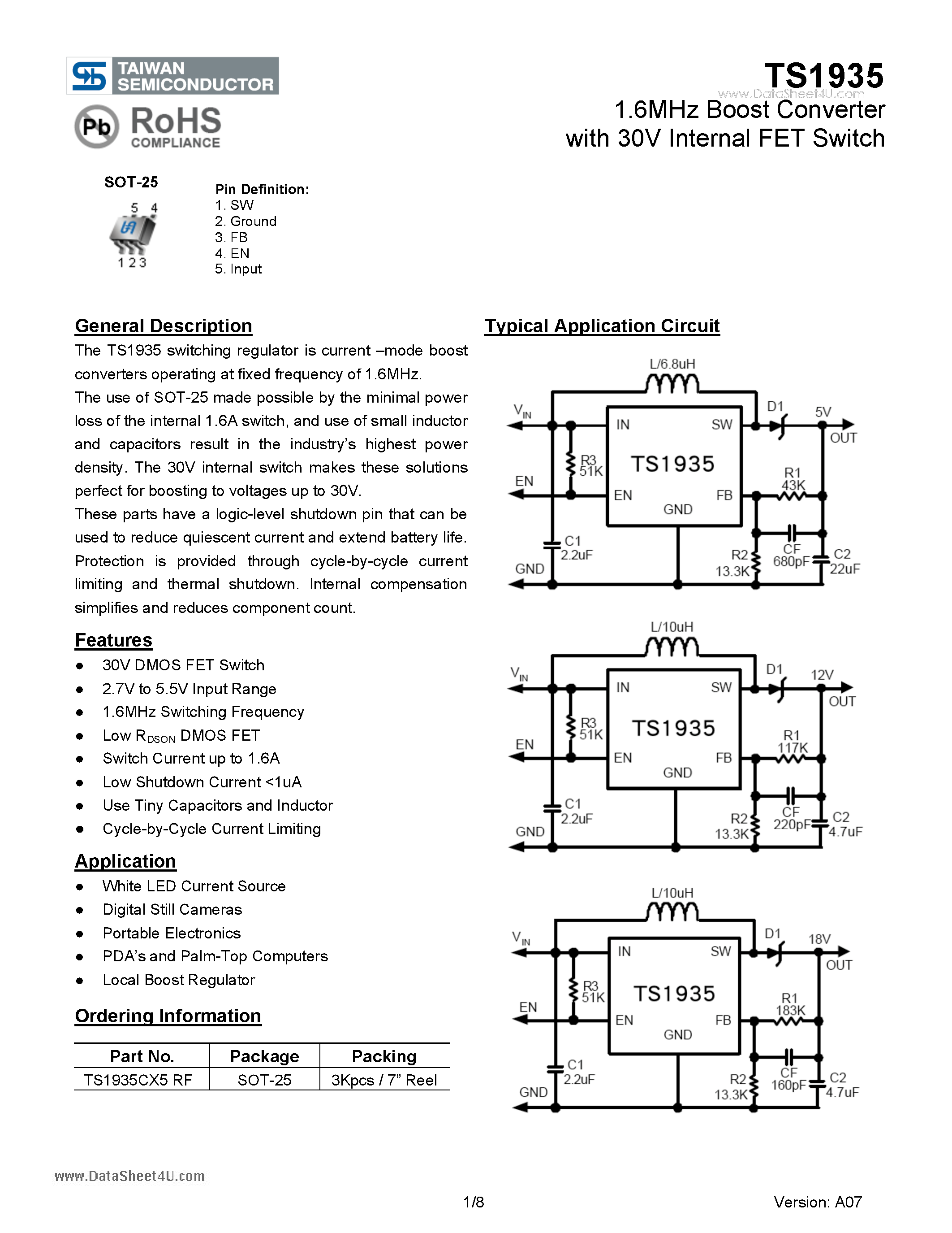 Datasheet TS1935 page 1 Datasheet TS1935 - 1.6MHz Boost Converter page 1