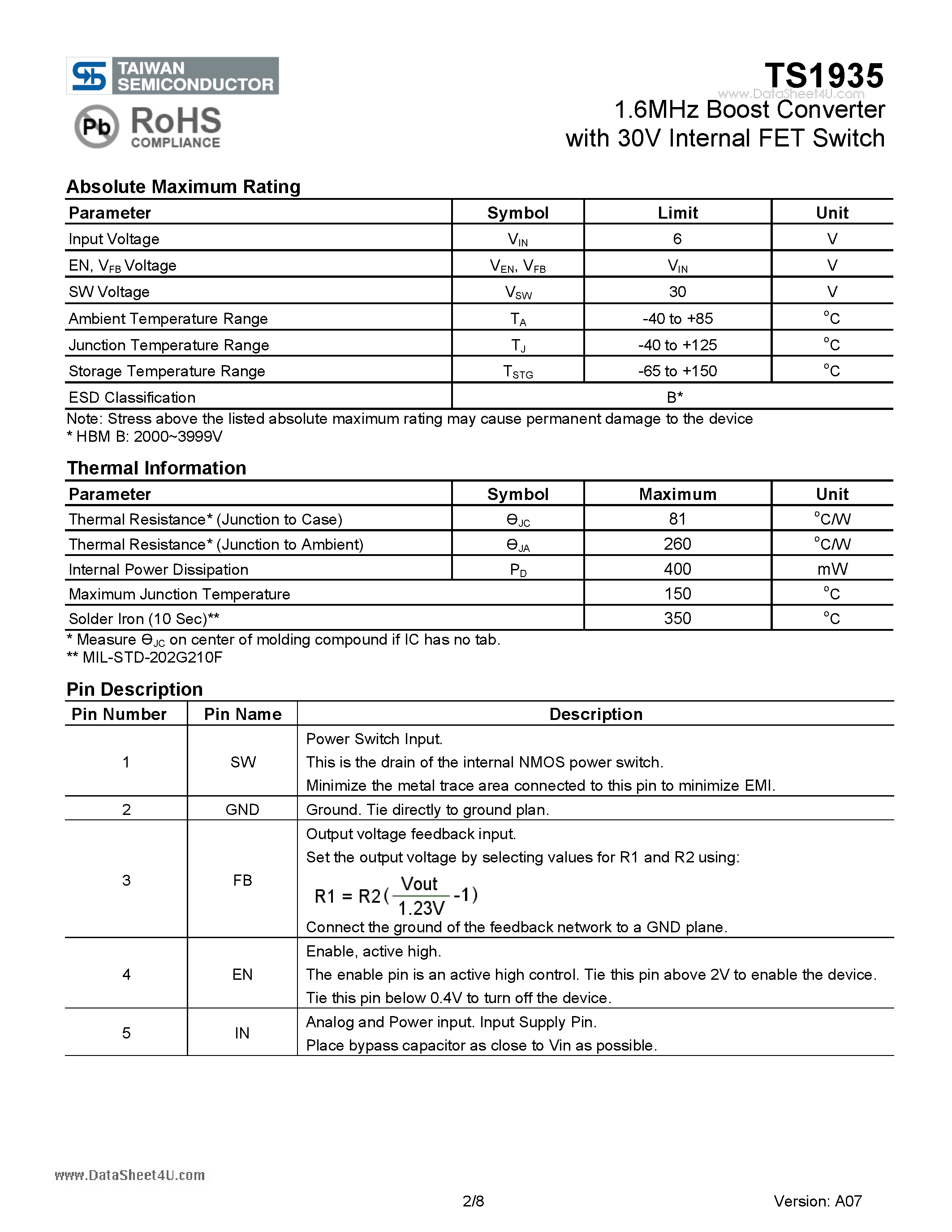 Datasheet TS1935 page 2 Datasheet TS1935 - 1.6MHz Boost Converter page 2