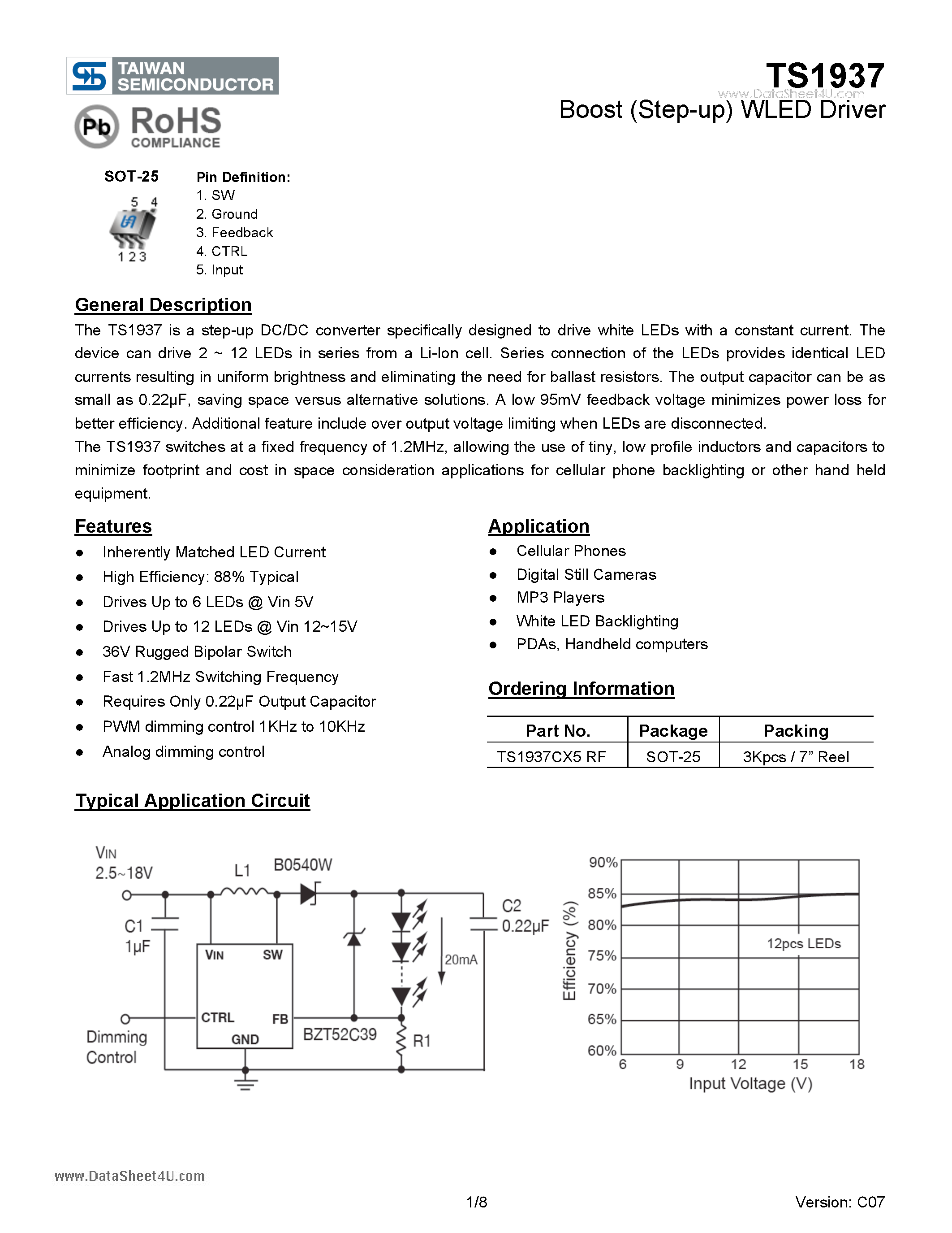 Datasheet TS1937 - Boost (Step-up) WLED Driver page 1