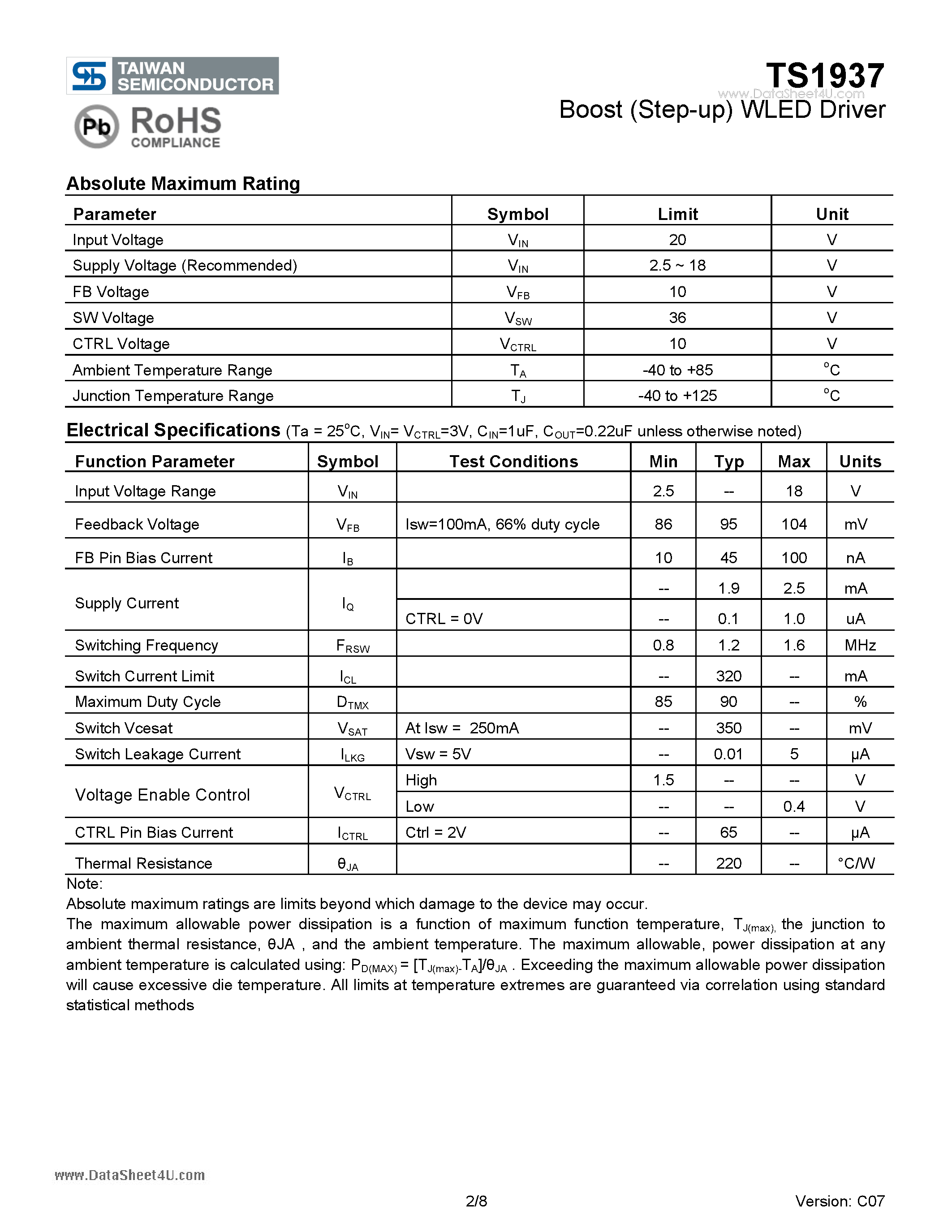 Datasheet TS1937 - Boost (Step-up) WLED Driver page 2
