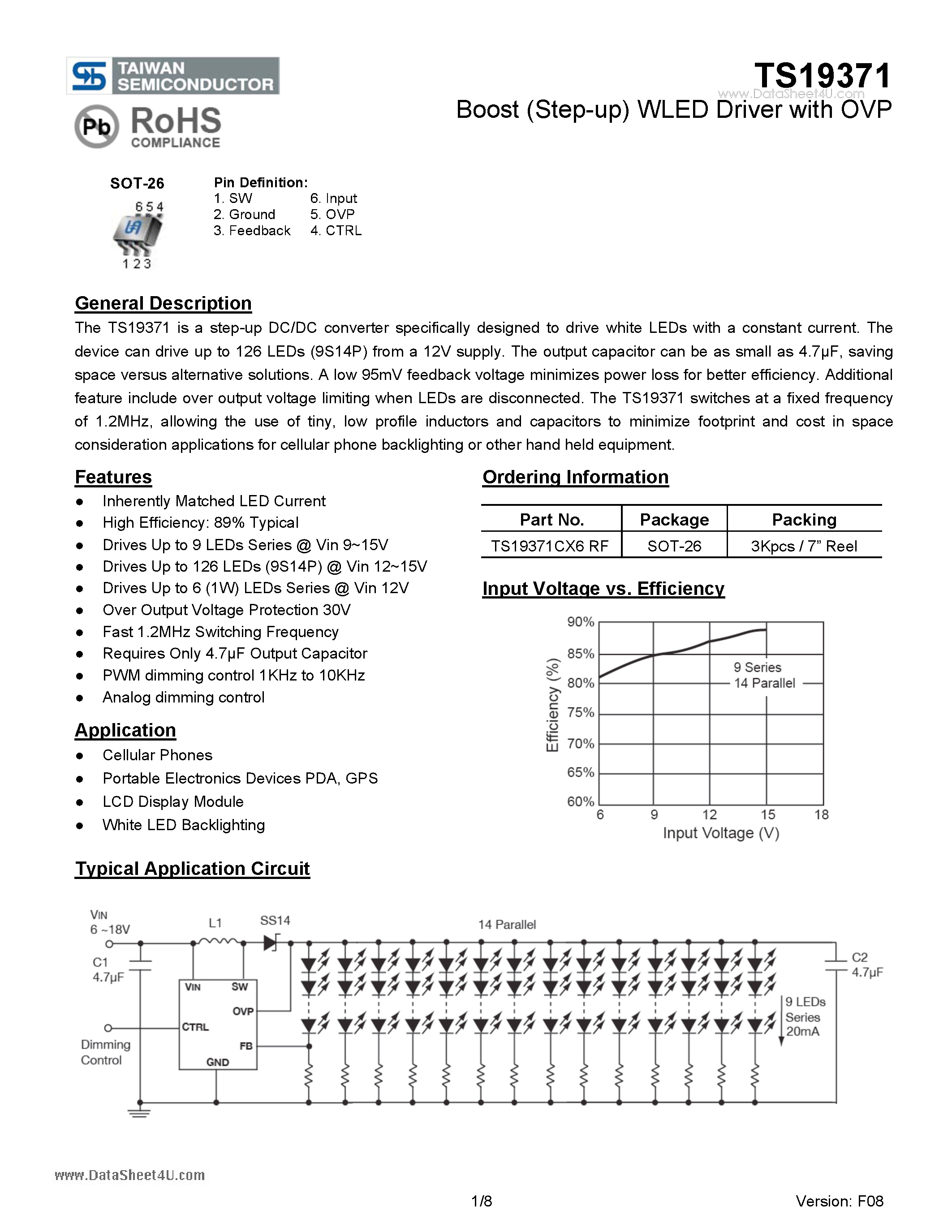 Datasheet TS19371 - Boost (Step-up) WLED Driver page 1
