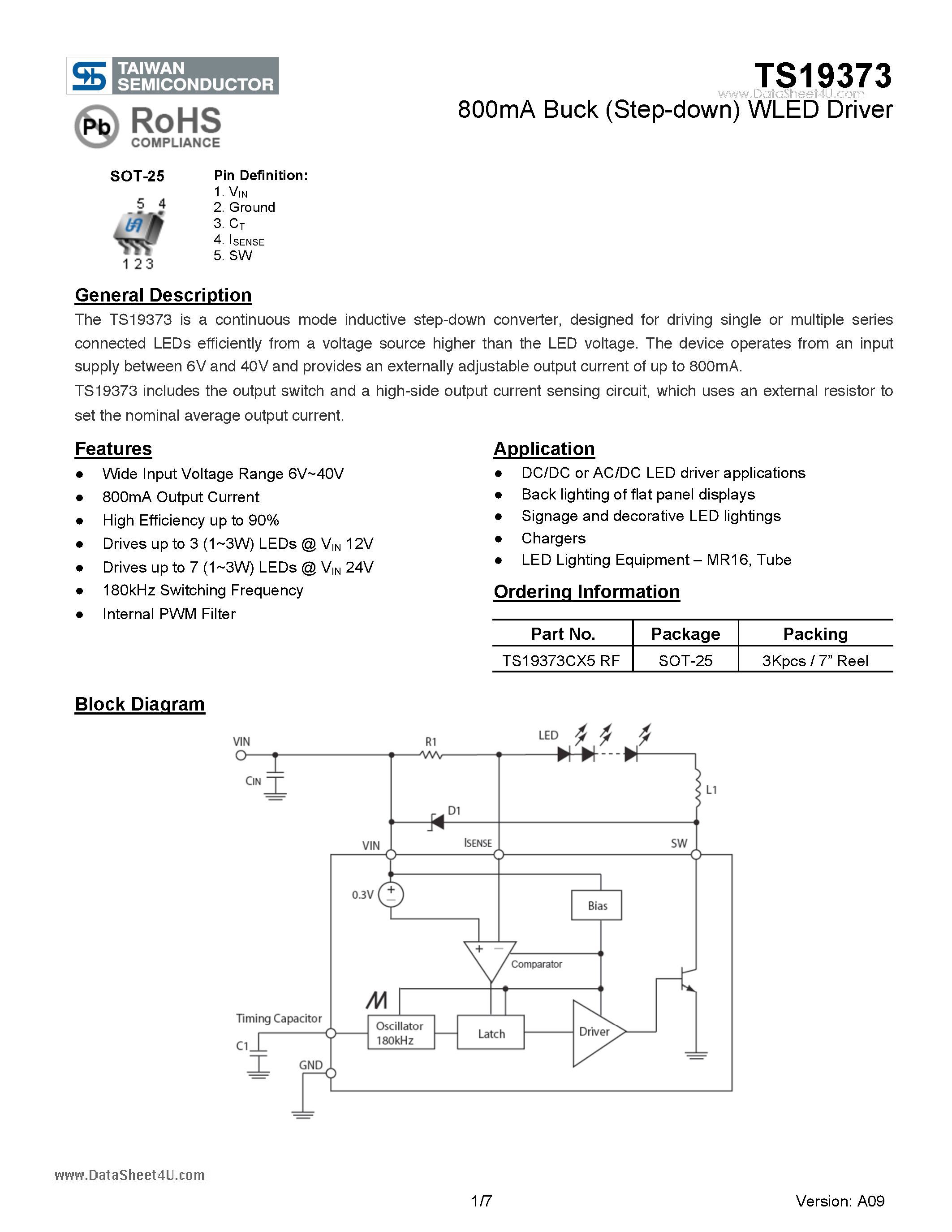 Datasheet TS19373 page 1 Datasheet TS19373 - 800mA Buck (Step-down) WLED Driver page 1