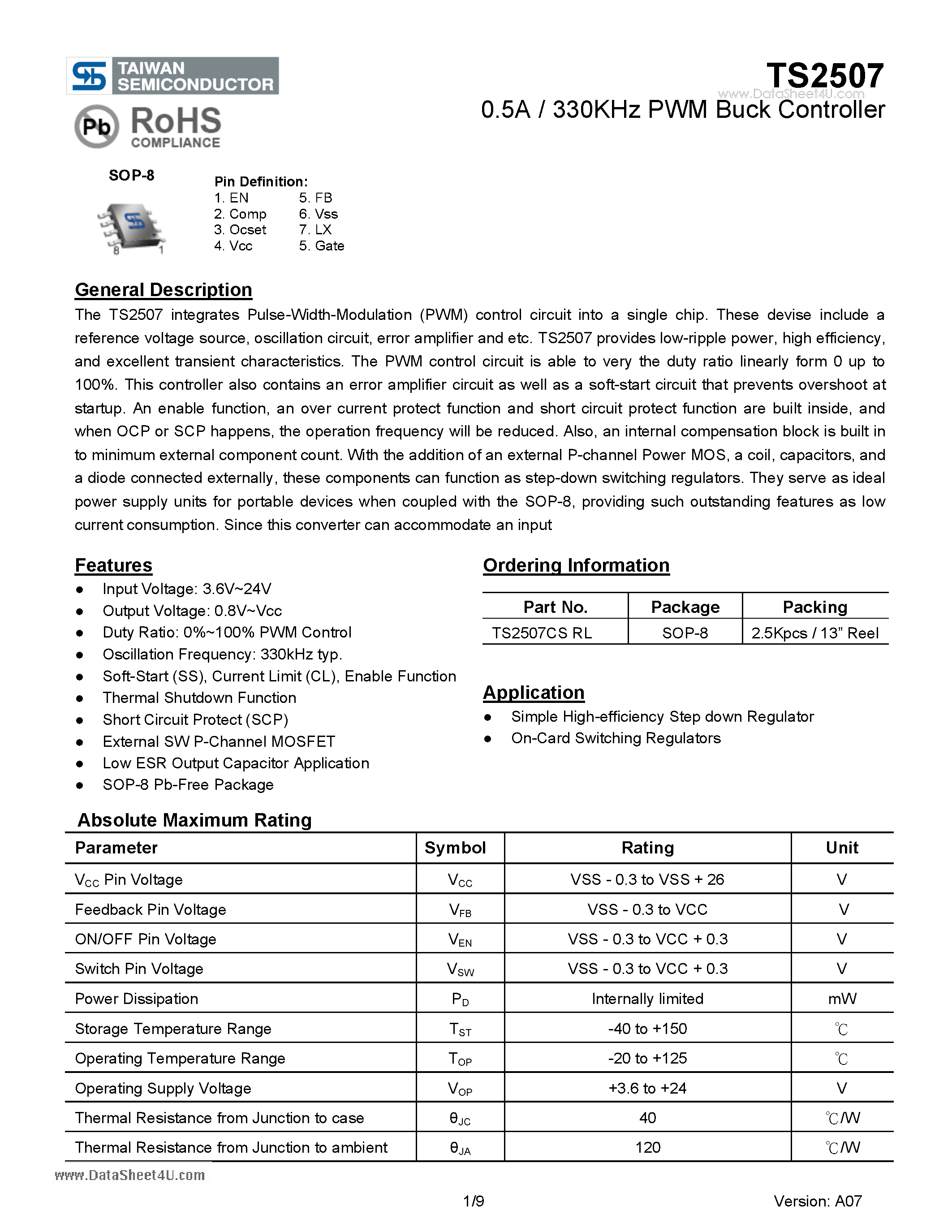 Datasheet TS2507 page 1 Datasheet TS2507 - 0.5A / 330KHz PWM Buck Controller page 1