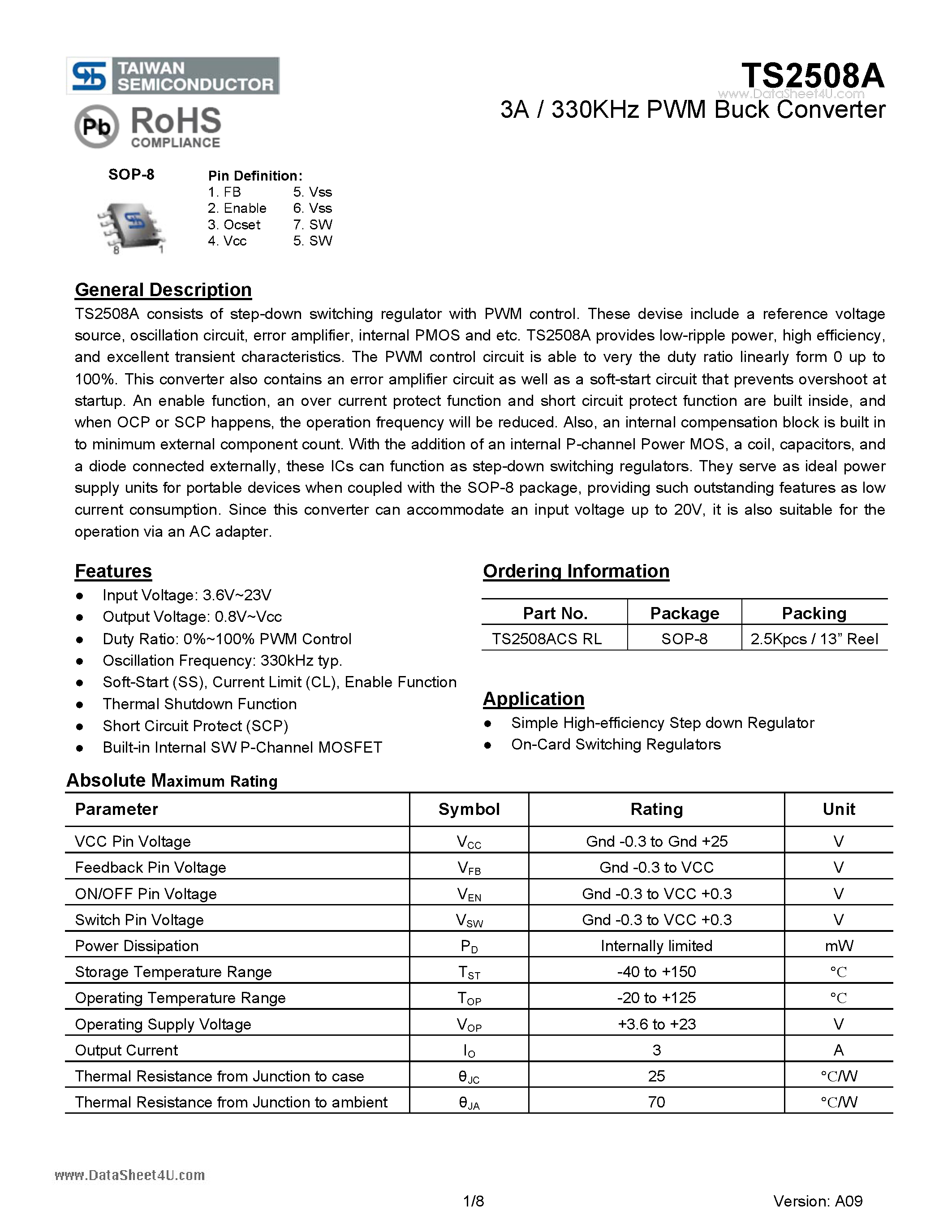Datasheet TS2508A page 1 Datasheet TS2508A - 3A / 330KHz PWM Buck Converter page 1