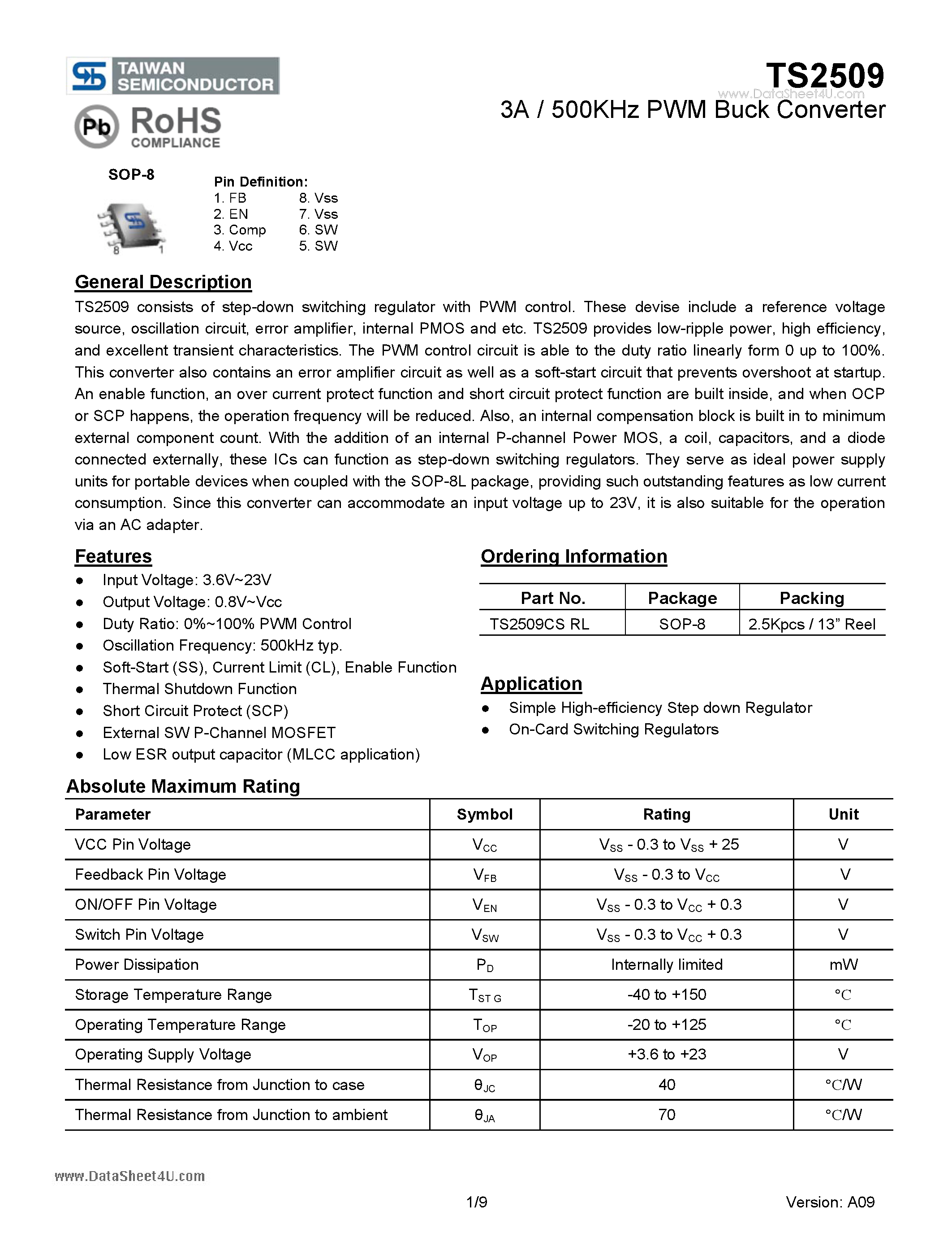 Datasheet TS2509 - 3A / 500KHz PWM Buck Converter page 1