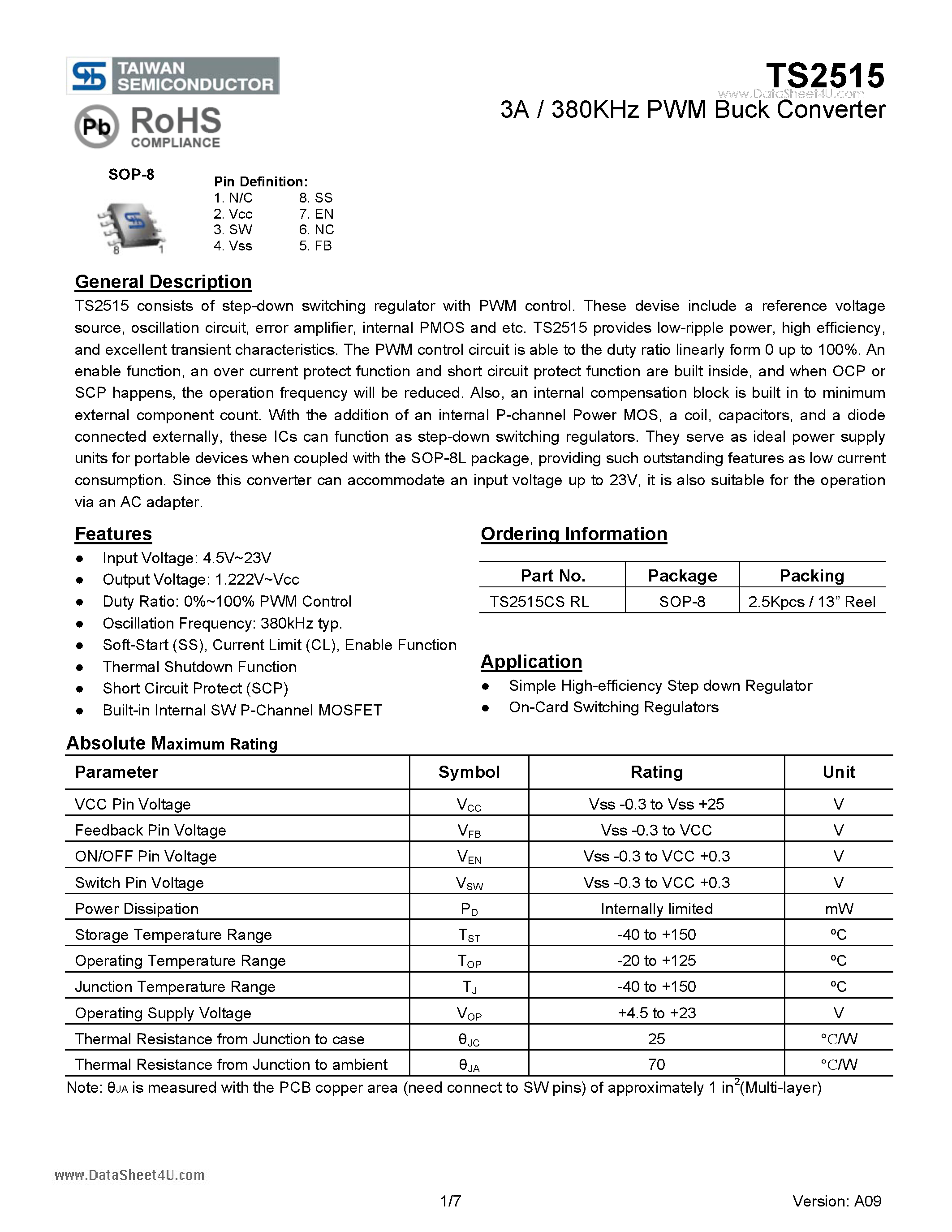 Datasheet TS2515 page 1 Datasheet TS2515 - 3A / 380KHz PWM Buck Converter page 1