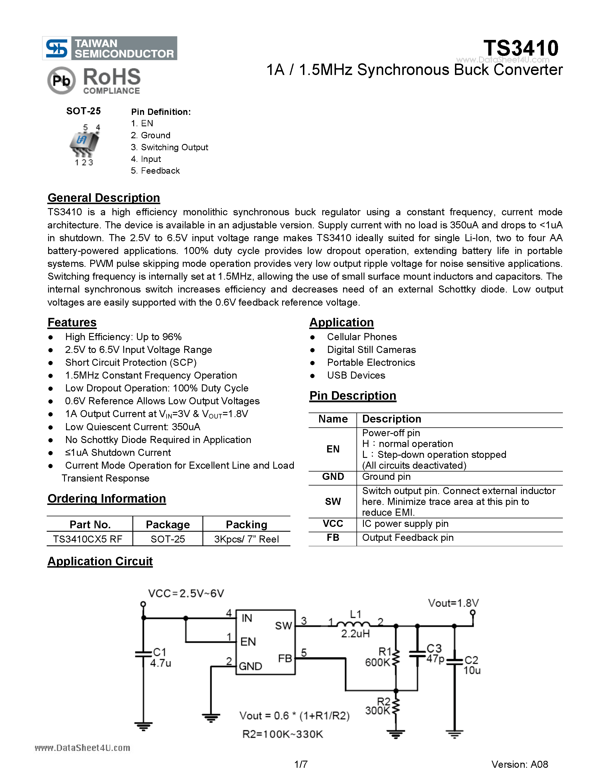 Datasheet TS3410 page 1 Datasheet TS3410 - 1A / 1.5MHz Synchronous Buck Converter page 1