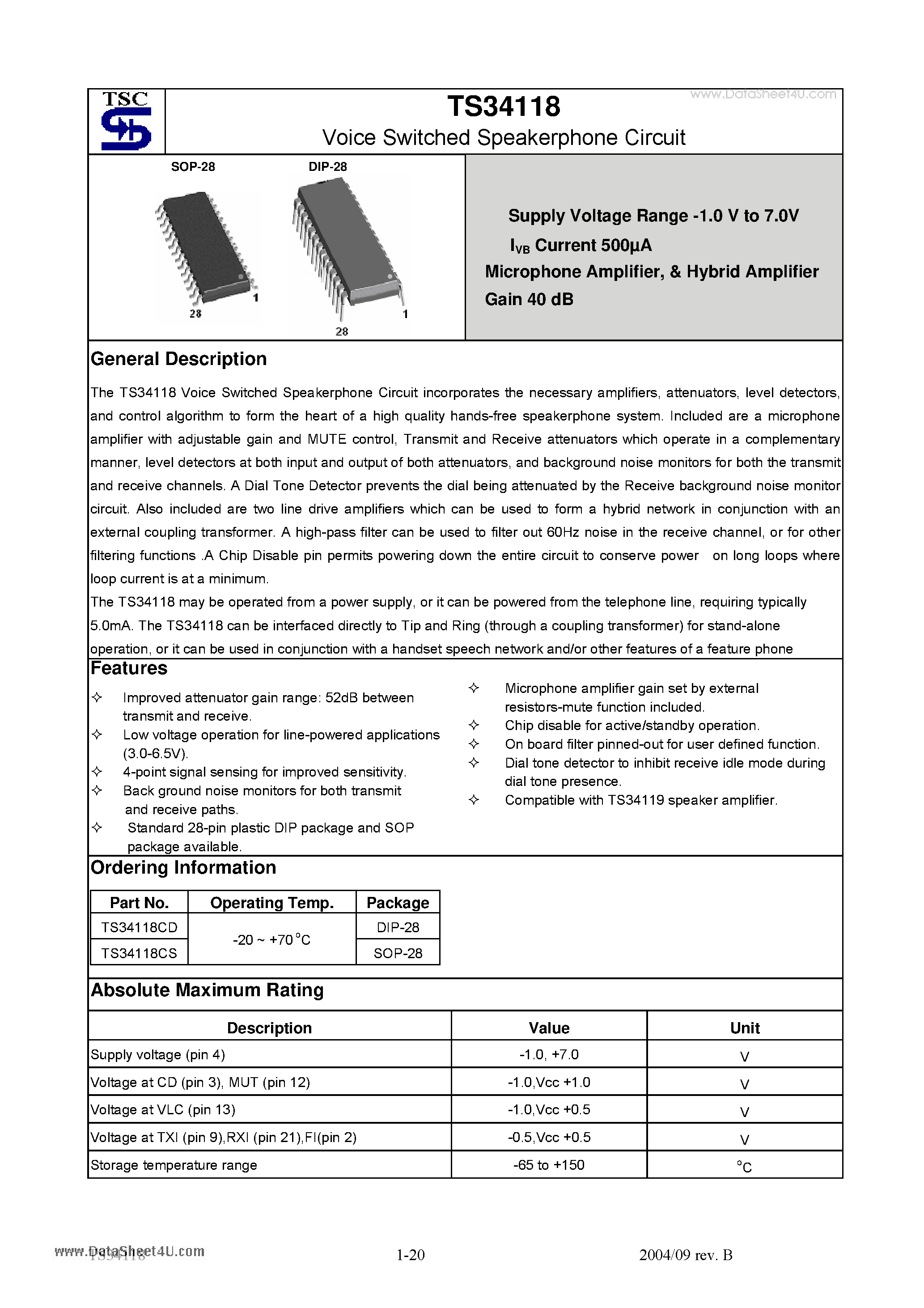 Datasheet TS34118 - Voice Switched Speakerphone Circuit page 1
