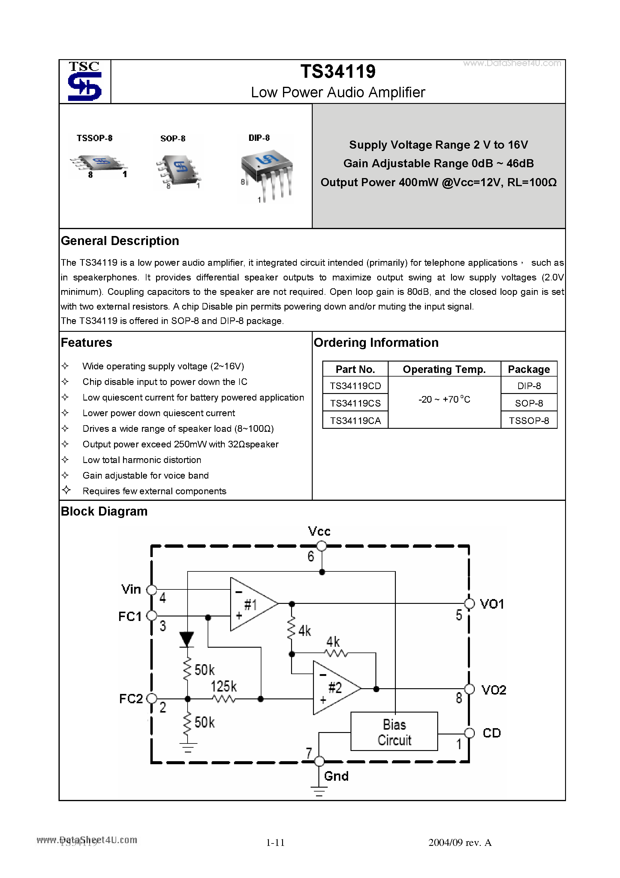 Datasheet TS34119 page 1 Datasheet TS34119 - Low Power Audio Amplifier page 1