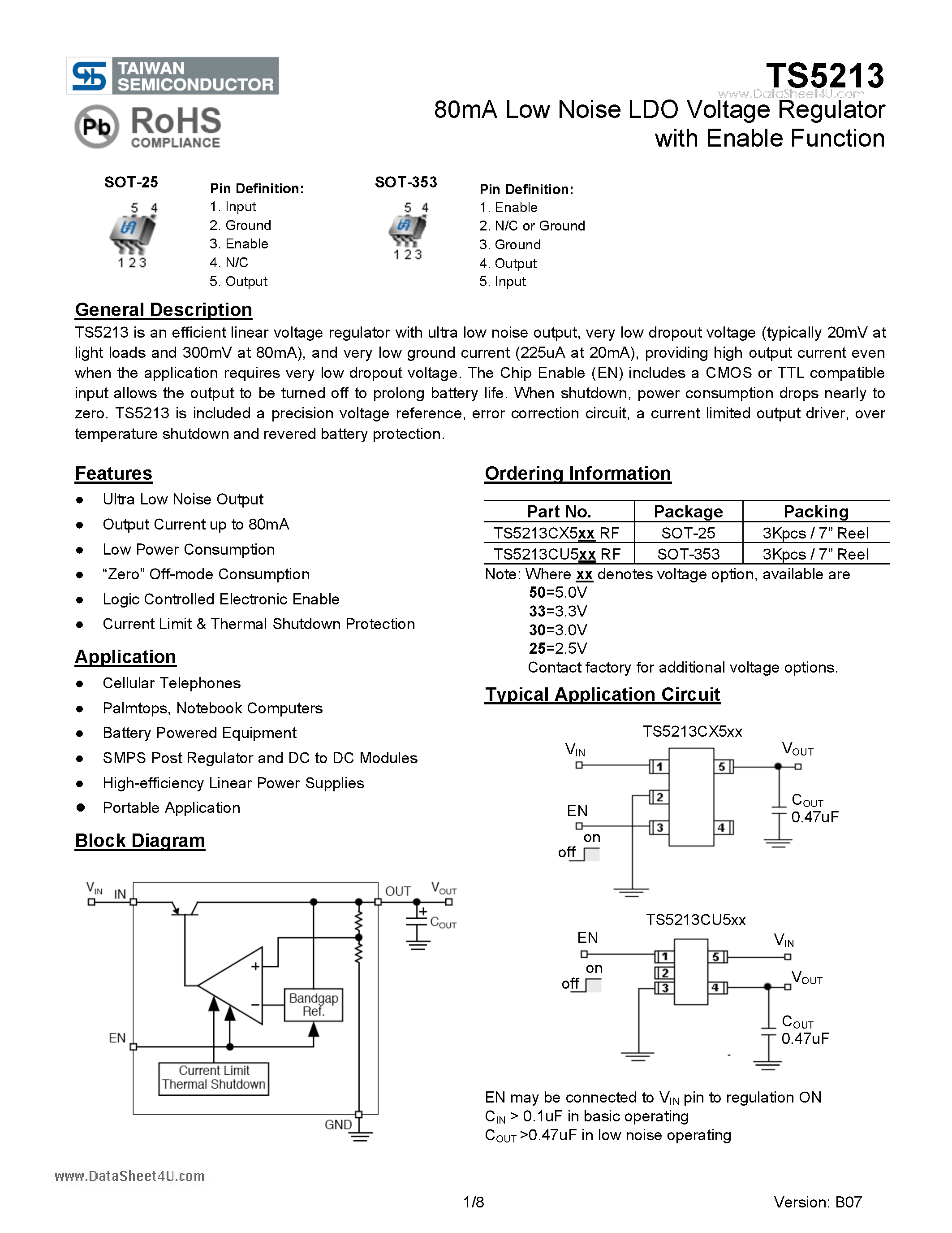 Даташит на микросхему TS5213 страница 1 Даташит TS5213 - 80mA Low Noise LDO Voltage Regulator страница 1