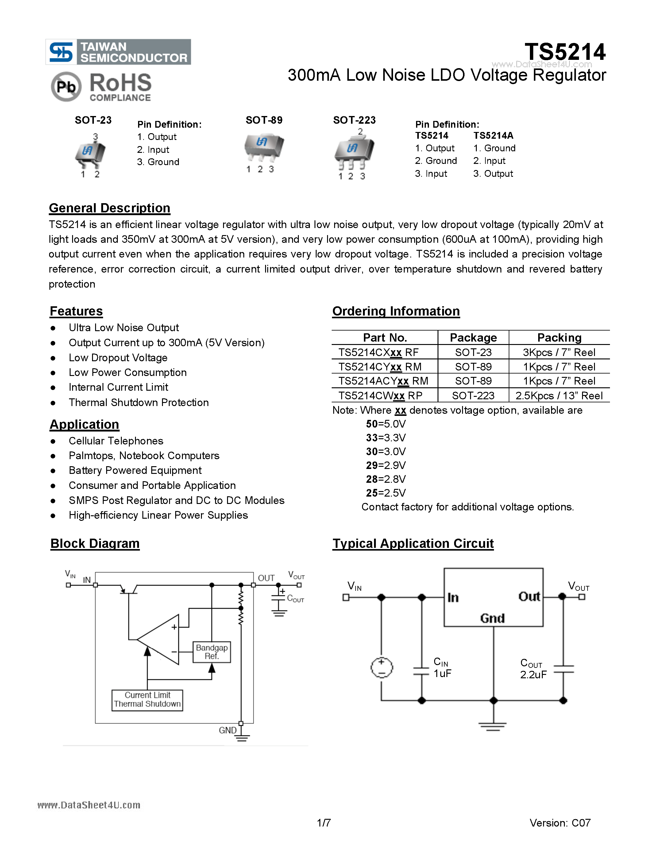 Даташит TS5214 - 300mA Low Noise LDO Voltage Regulator страница 1