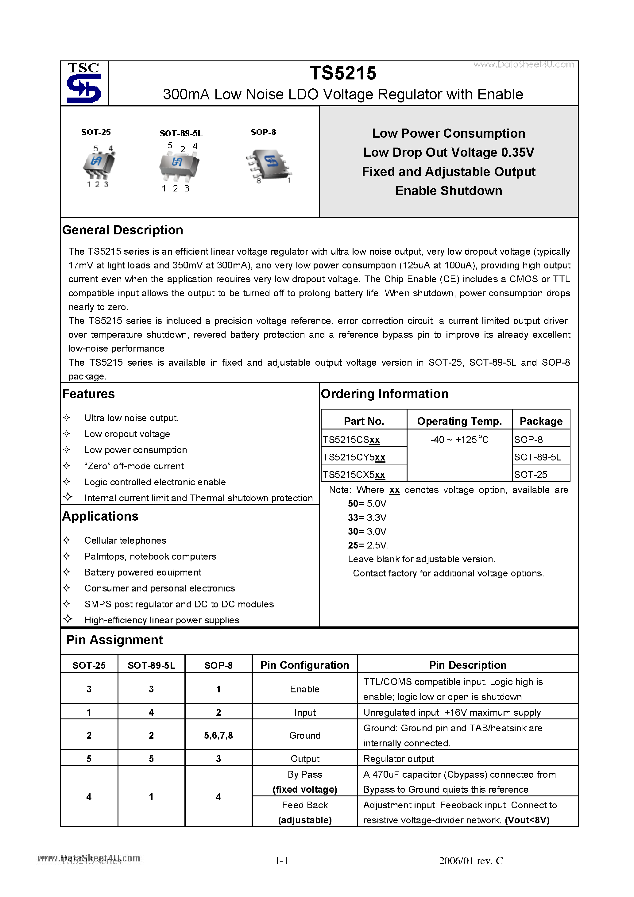 Datasheet TS5215 - 300mA Low Noise LDO Voltage Regulator page 1