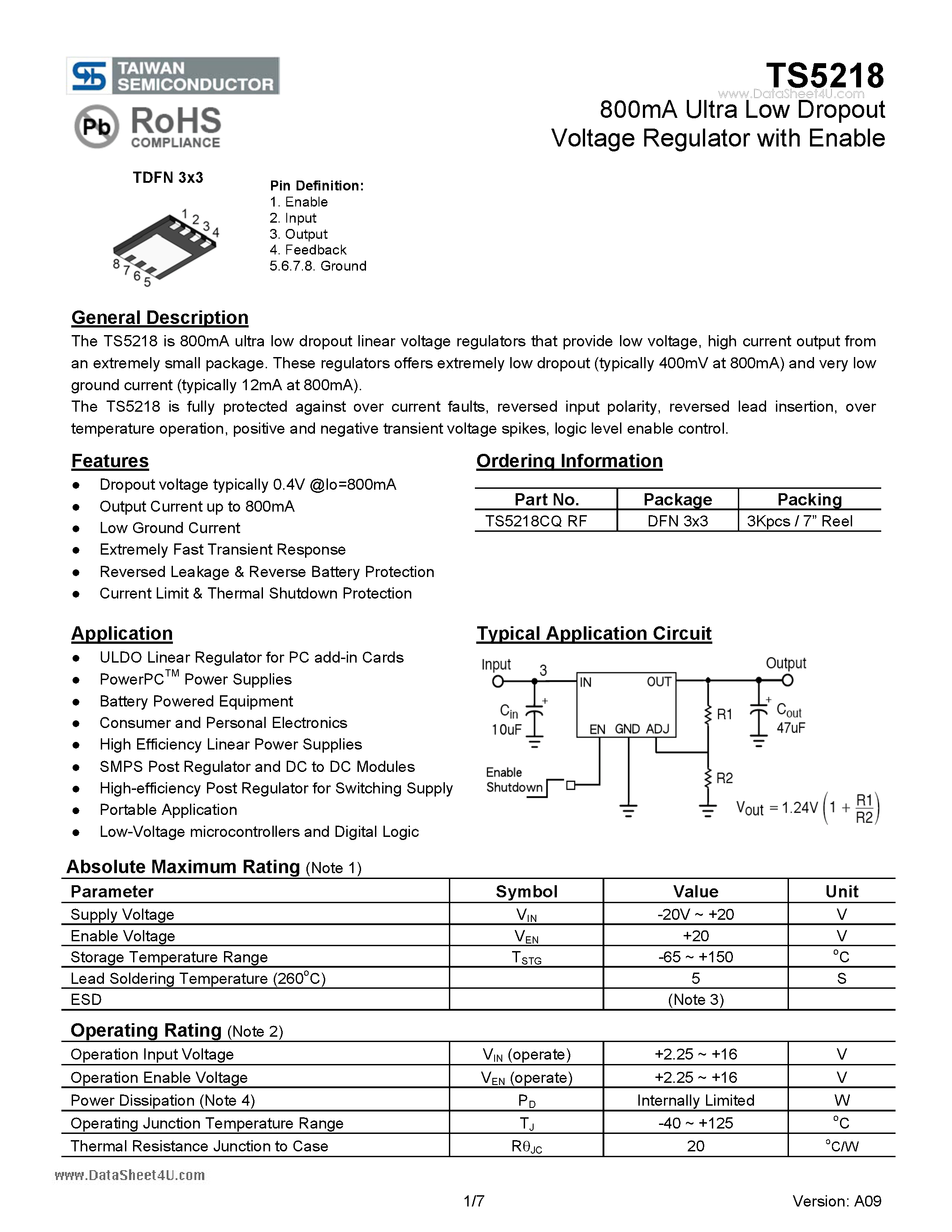 Даташит TS5218 - 800mA Ultra Low Dropout Voltage Regulator страница 1