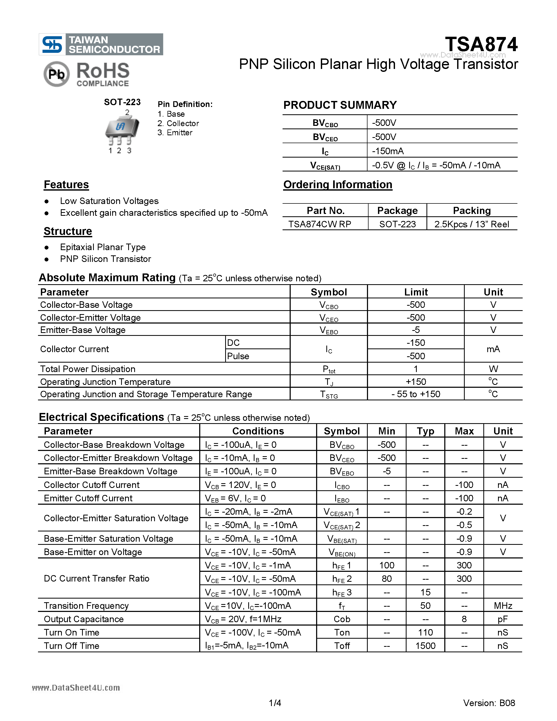 Datasheet TSA874 page 1 Datasheet TSA874 - PNP Silicon Planar High Voltage Transistor page 1