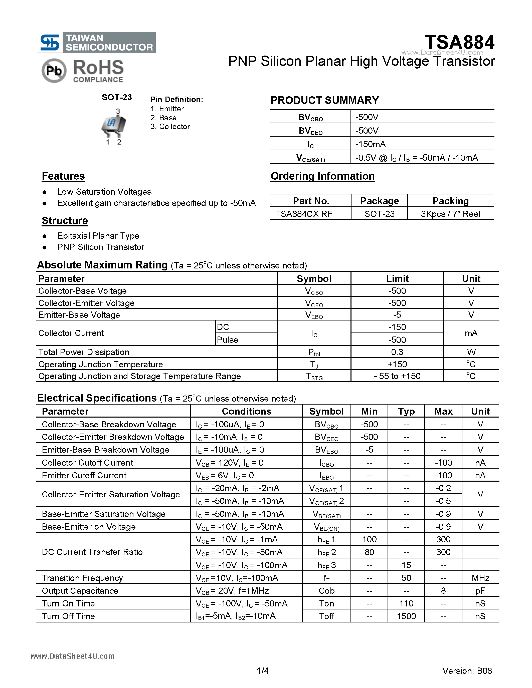Datasheet TSA884 page 1 Datasheet TSA884 - PNP Silicon Planar High Voltage Transistor page 1