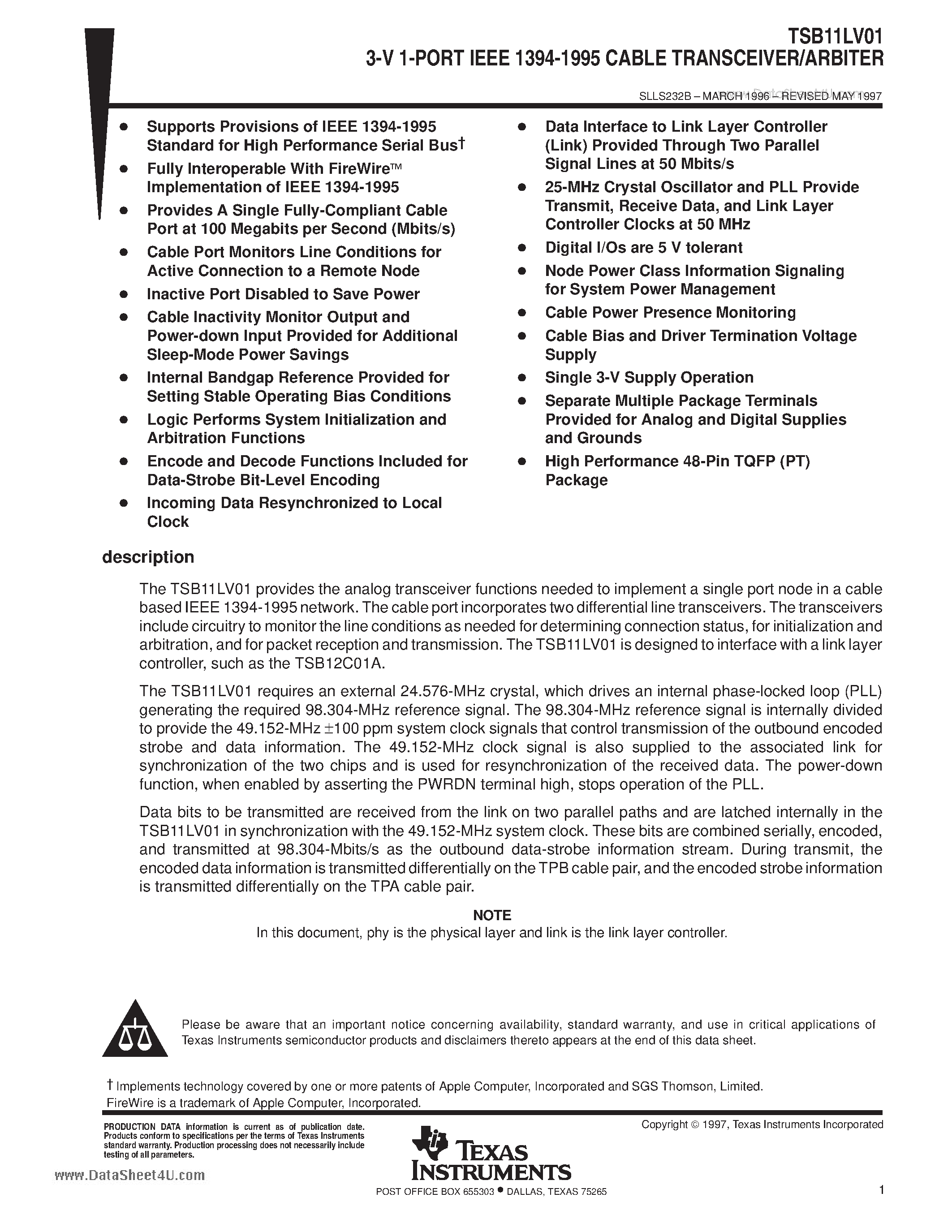 Даташит TSB11LV01 - 3-V 1-PORT IEEE 1394-1995 CABLE TRANSCEIVER/ARBITER страница 1