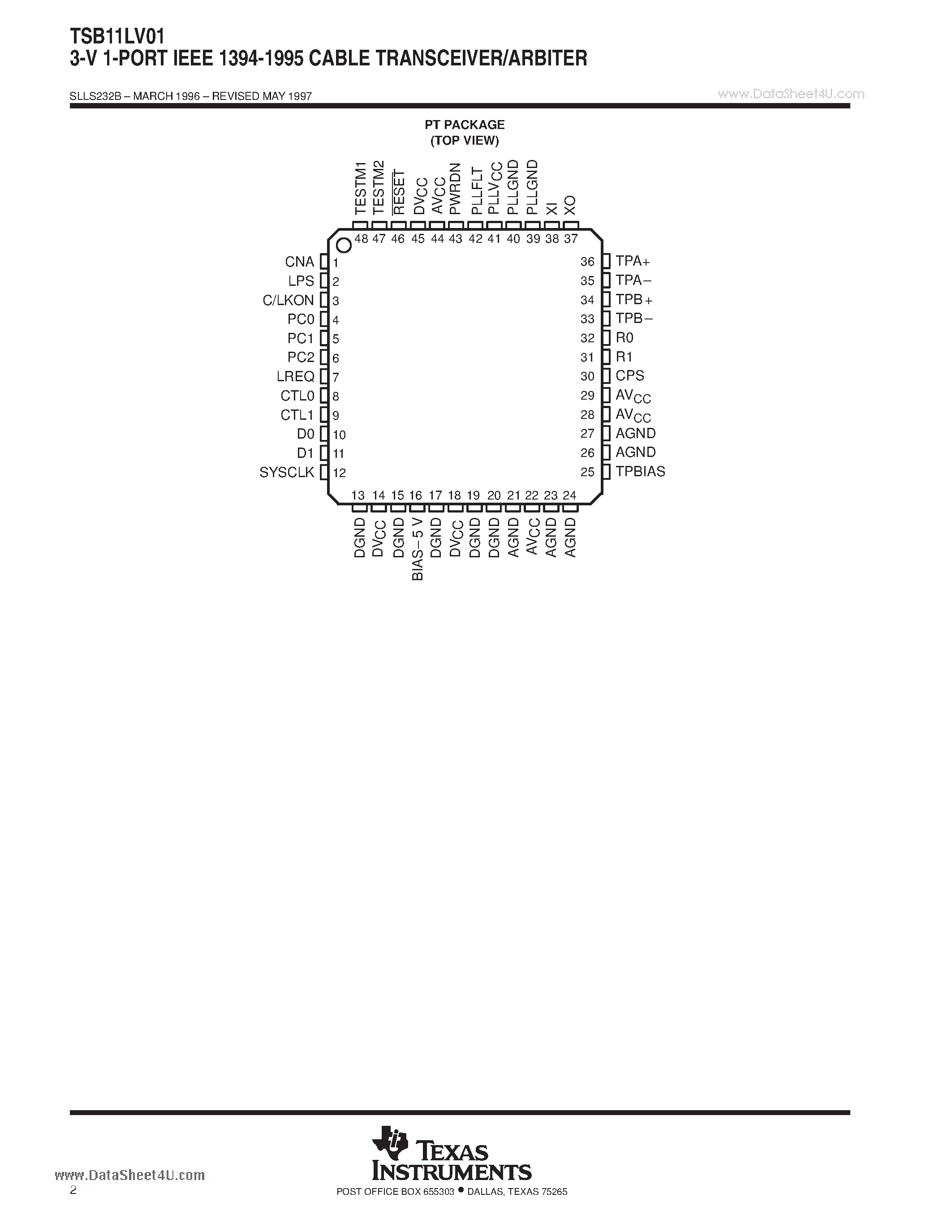 Даташит TSB11LV01 - 3-V 1-PORT IEEE 1394-1995 CABLE TRANSCEIVER/ARBITER страница 2