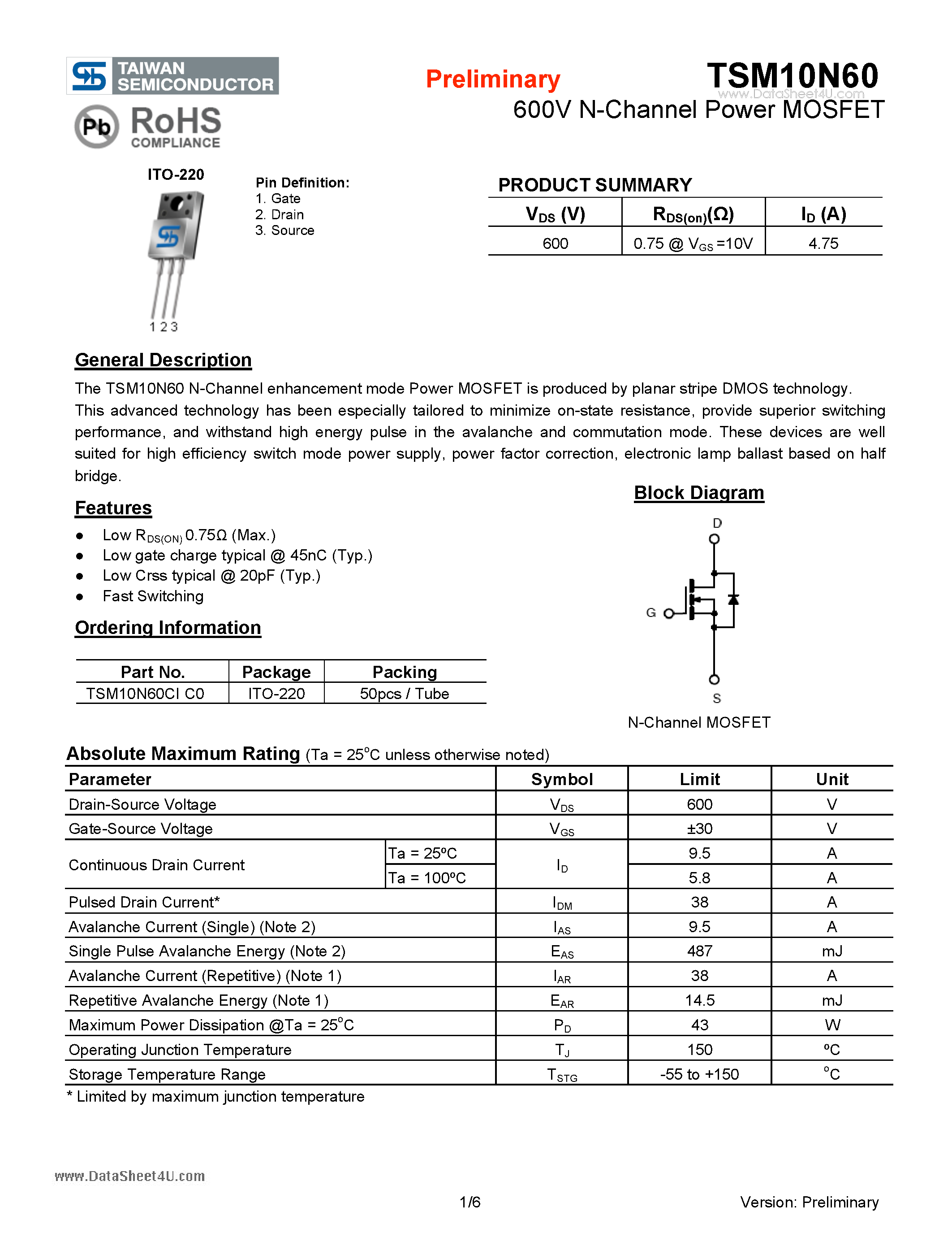 Datasheet TSM10N60 - 600V N-Channel Power MOSFET page 1
