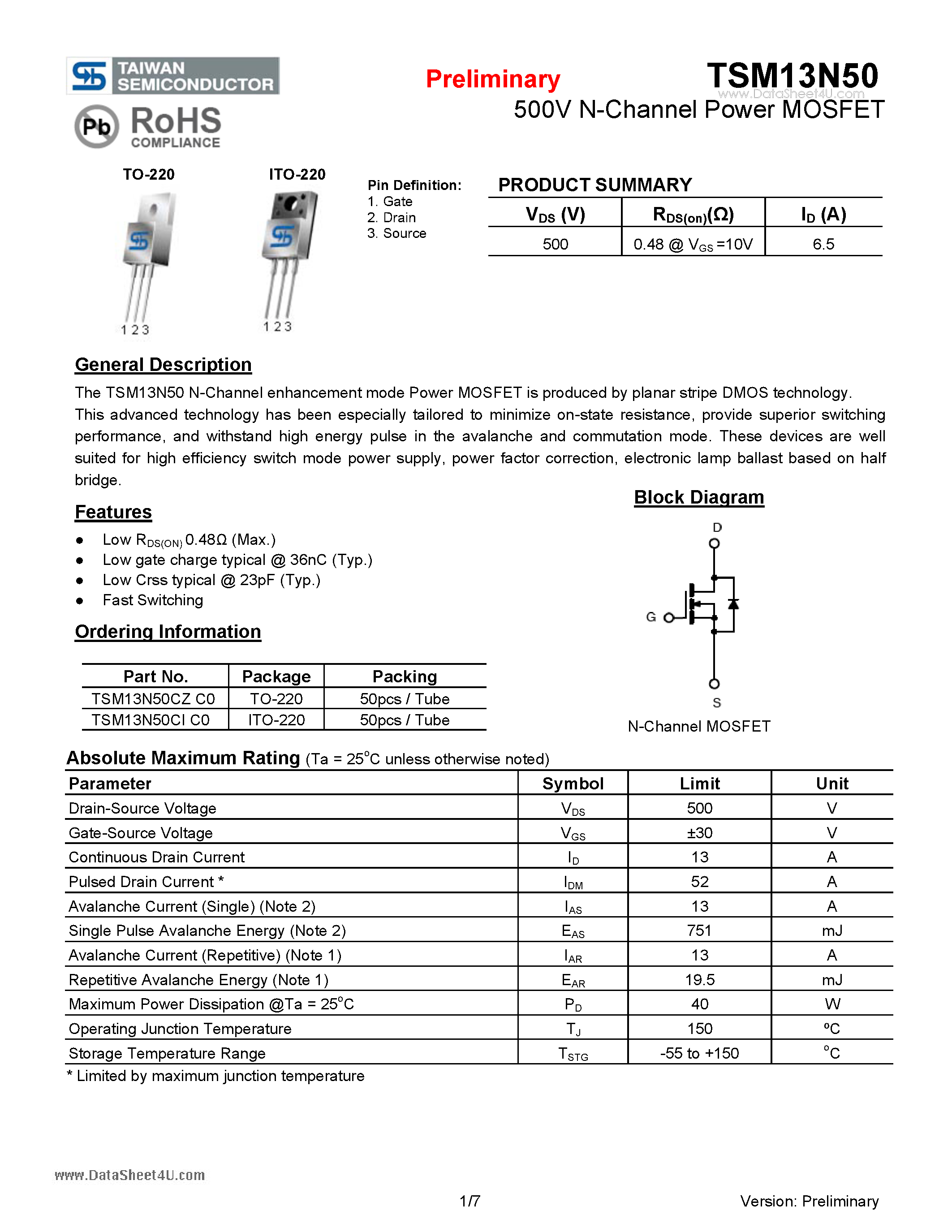 Datasheet TSM13N50 - 500V N-Channel Power MOSFET page 1