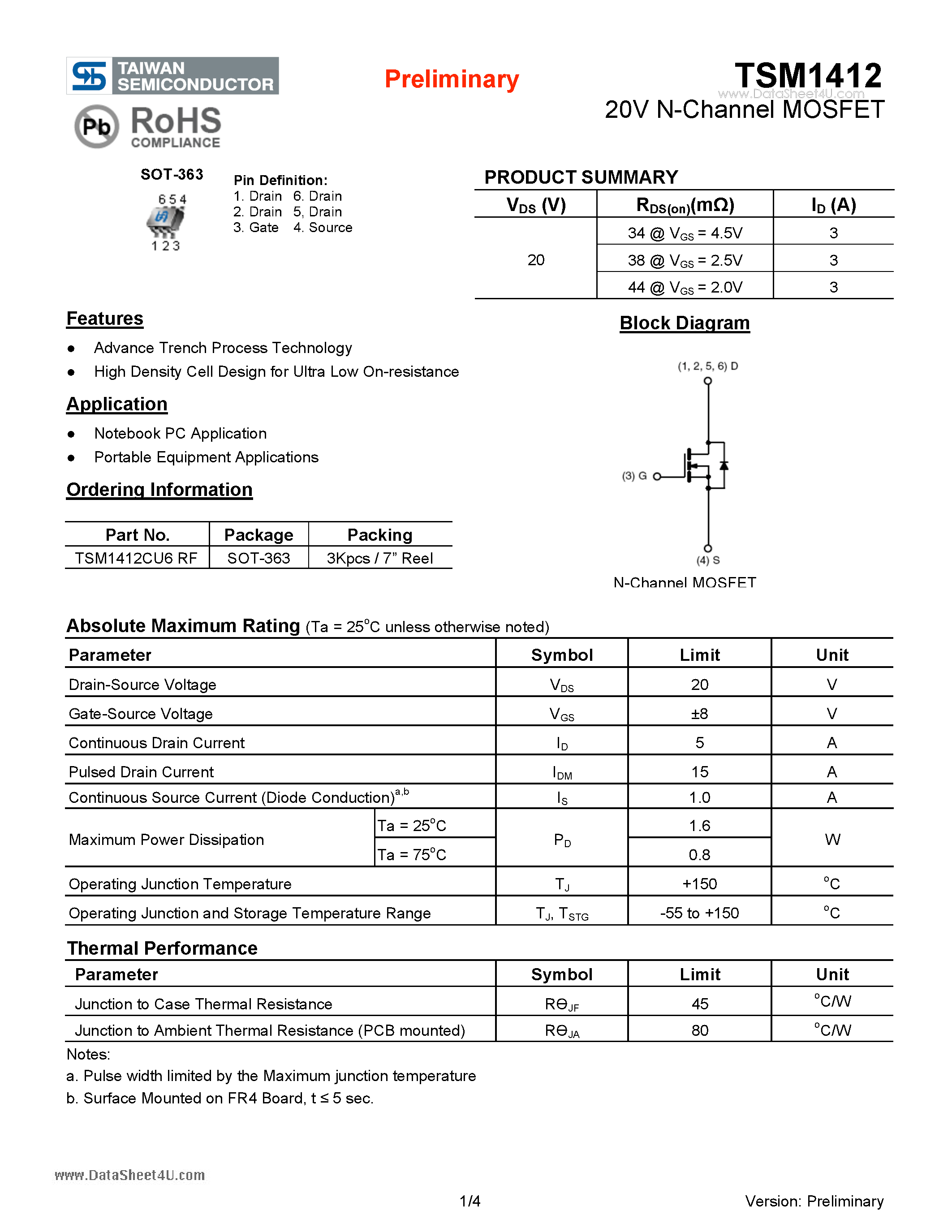 Datasheet TSM1412 - 20V N-Channel MOSFET page 1