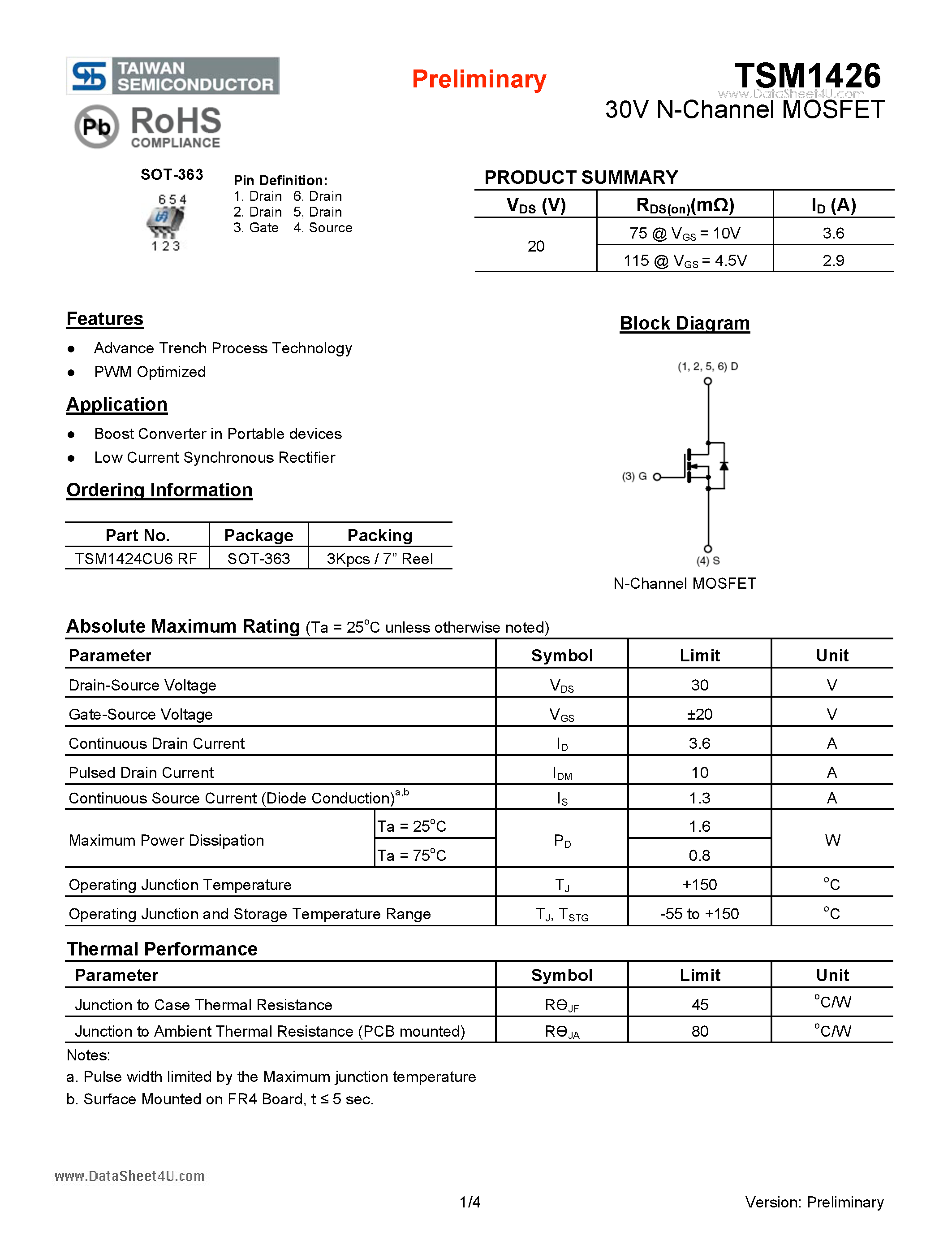 Datasheet TSM1426 page 1 Datasheet TSM1426 - 30V N-Channel MOSFET page 1