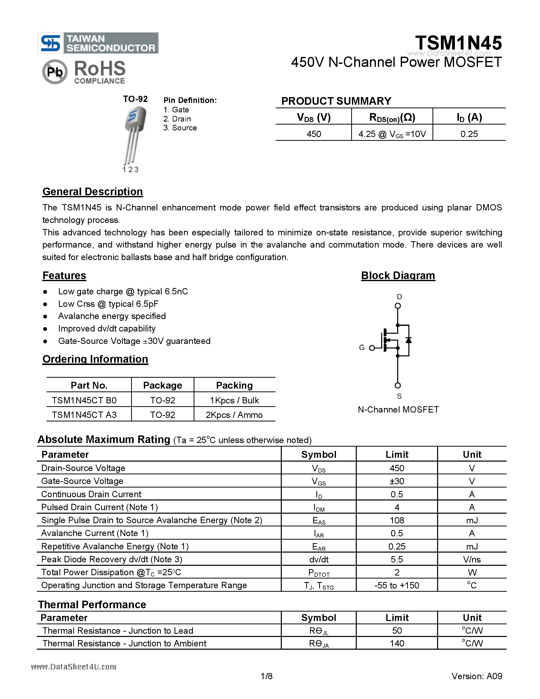 Datasheet TSM1N45 - 450V N-Channel Power MOSFET page 1