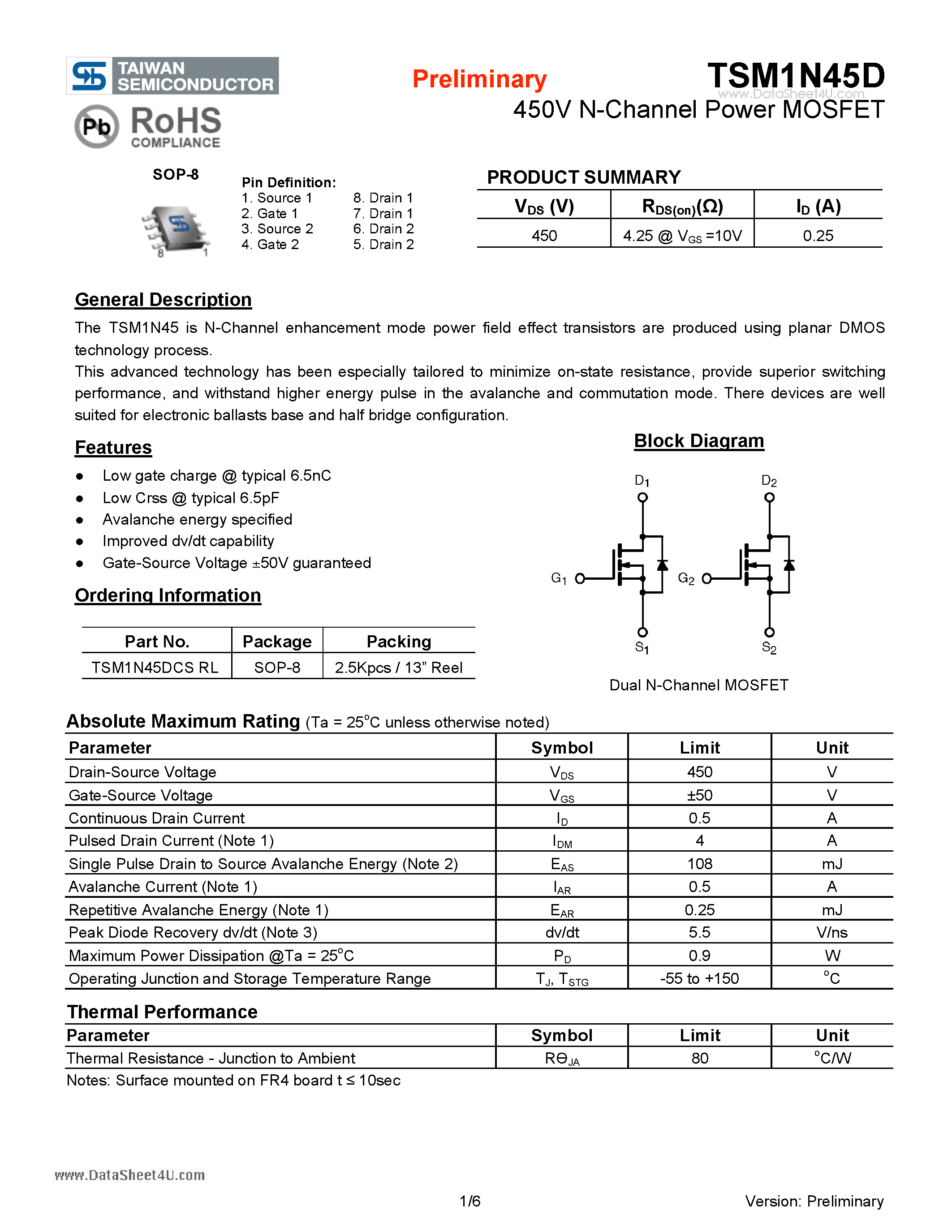 Datasheet TSM1N45D - 450V N-Channel Power MOSFET page 1