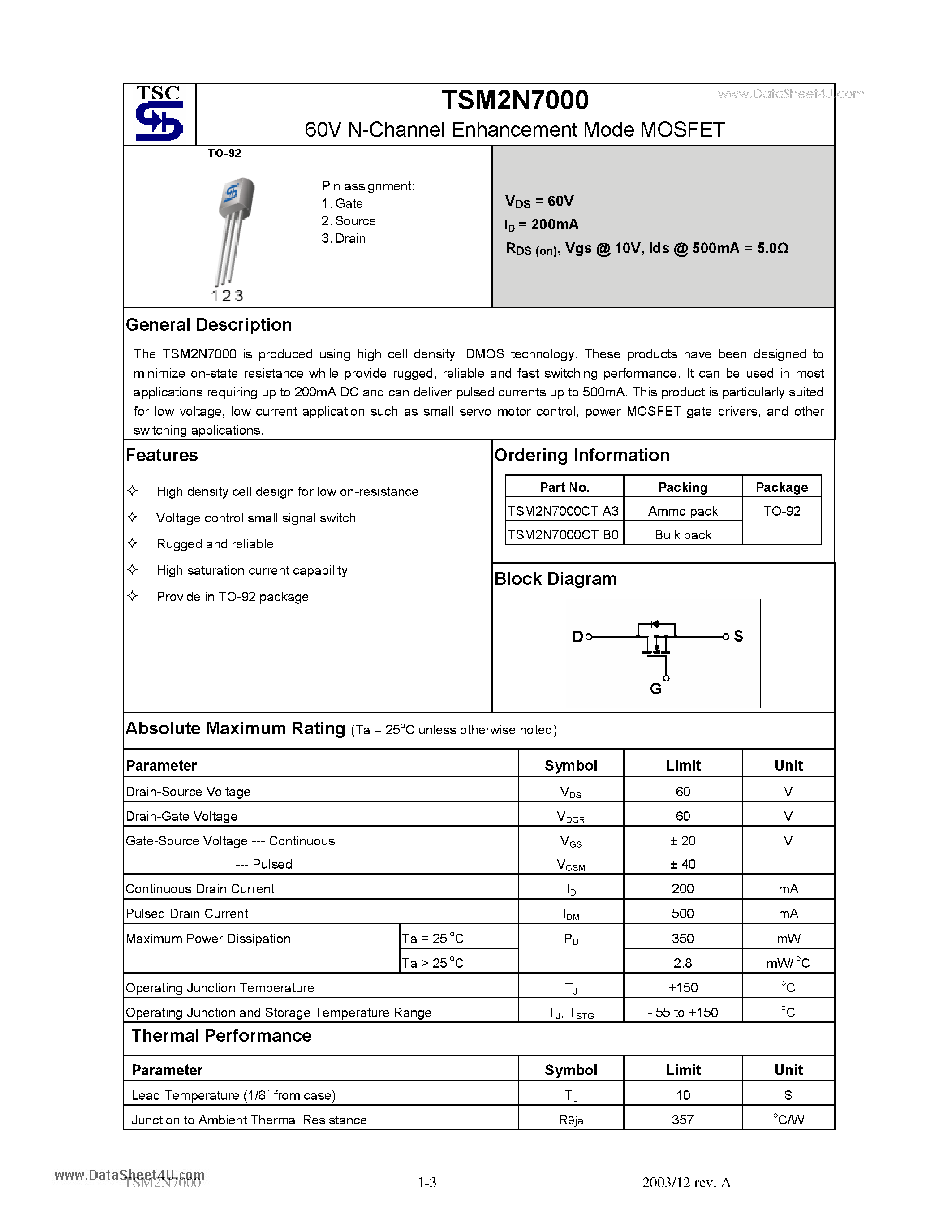 Datasheet TSM2N70 page 1 Datasheet TSM2N70 - 60V N-Channel Enhancement Mode MOSFET page 1