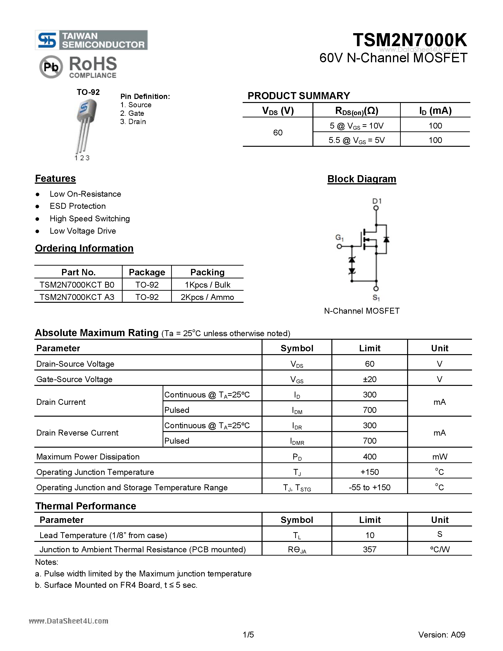 Datasheet TSM2N7000K page 1 Datasheet TSM2N7000K - 60V N-Channel MOSFET page 1