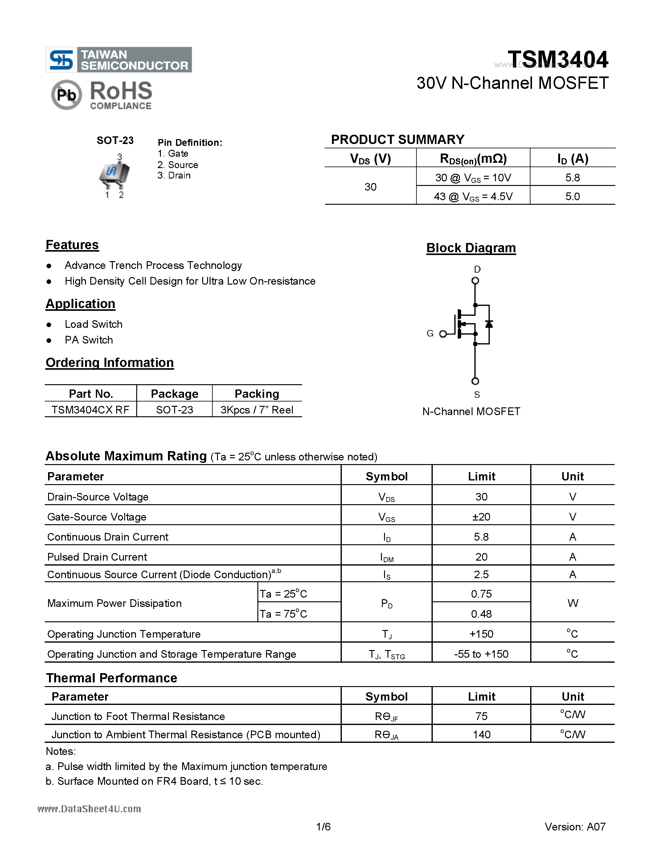 Datasheet TSM3404 - 30V N-Channel MOSFET page 1