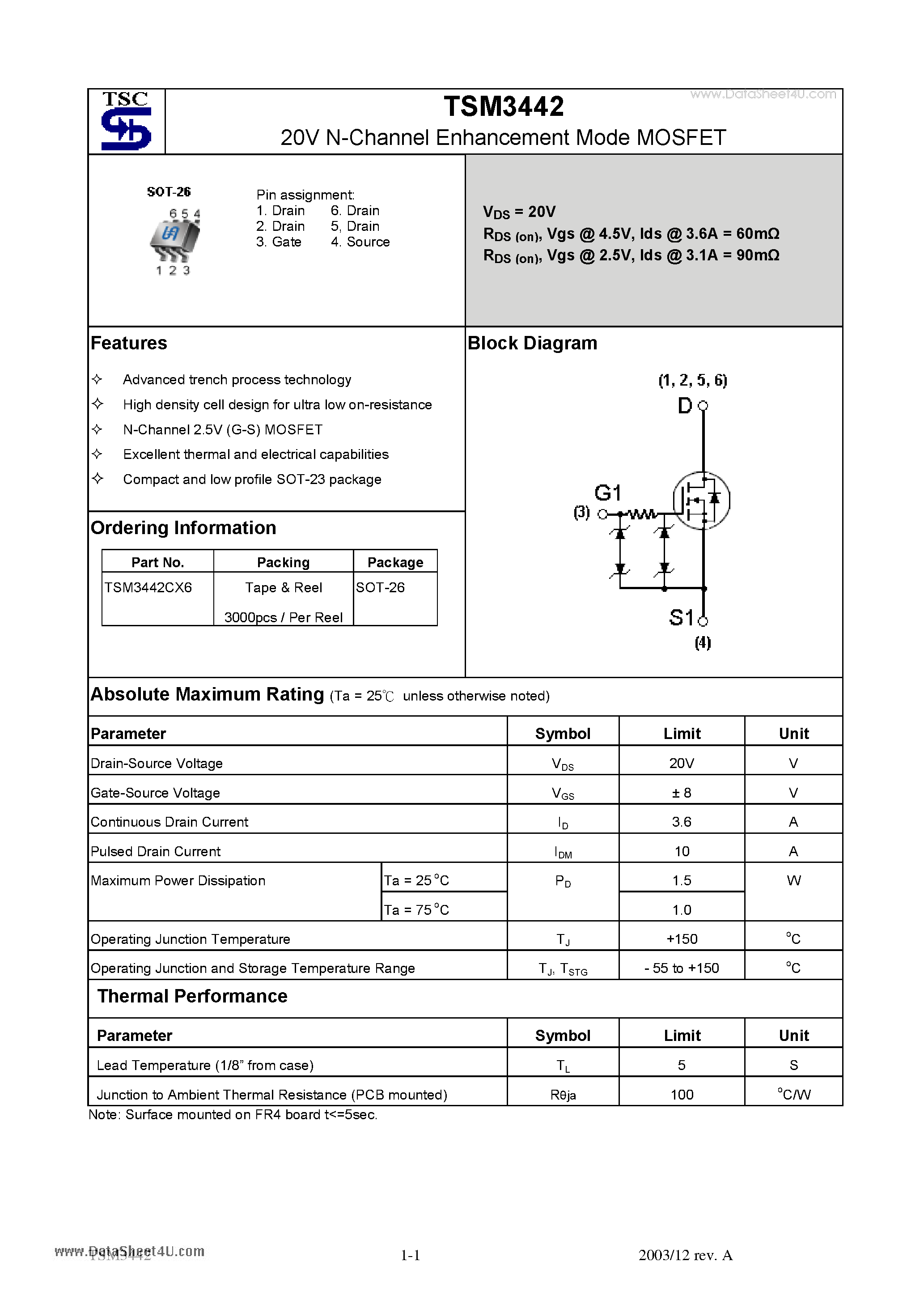 Datasheet TSM3442 page 1 Datasheet TSM3442 - 20V N-Channel Enhancement Mode MOSFET page 1