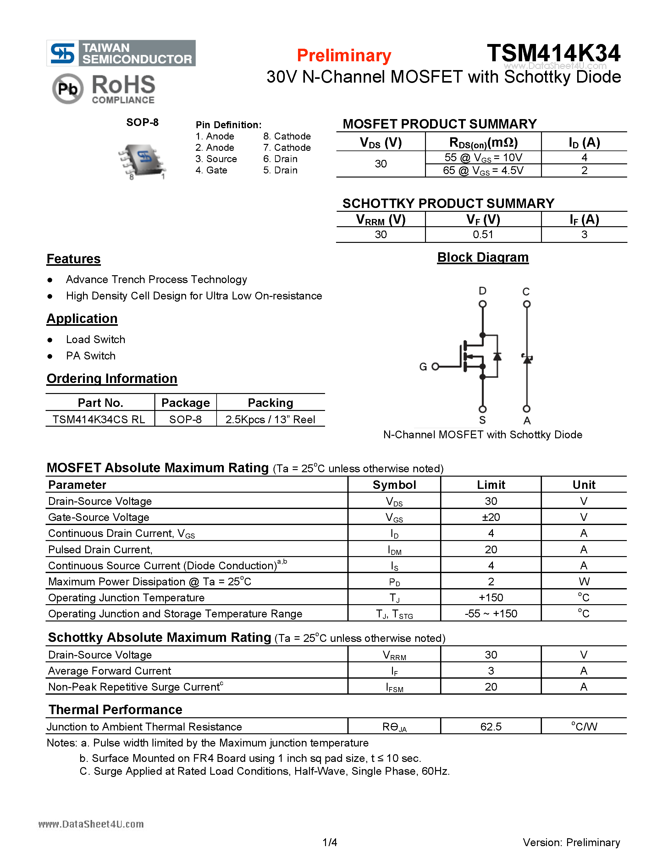 Datasheet TSM414K34 - 30V N-Channel MOSFET page 1