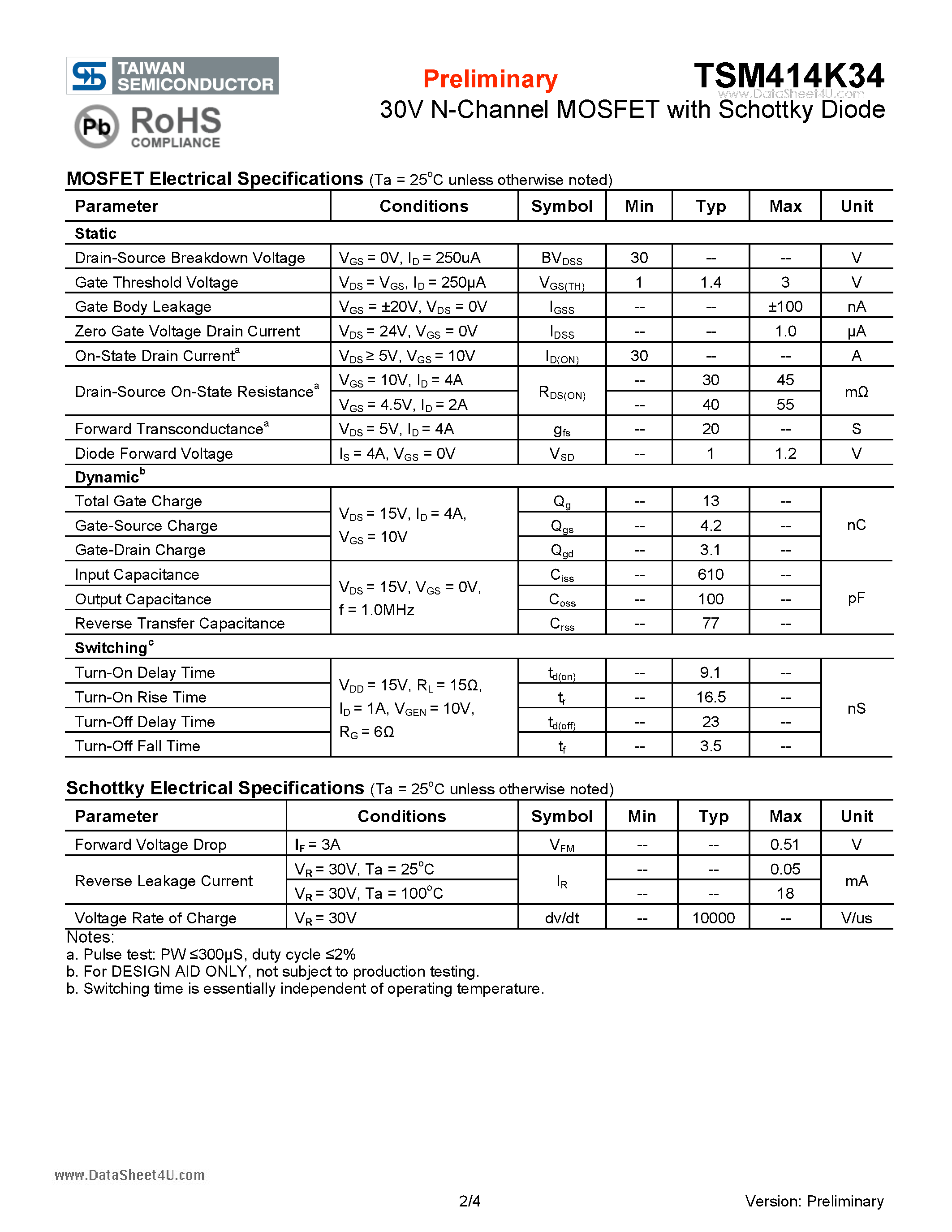 Datasheet TSM414K34 - 30V N-Channel MOSFET page 2