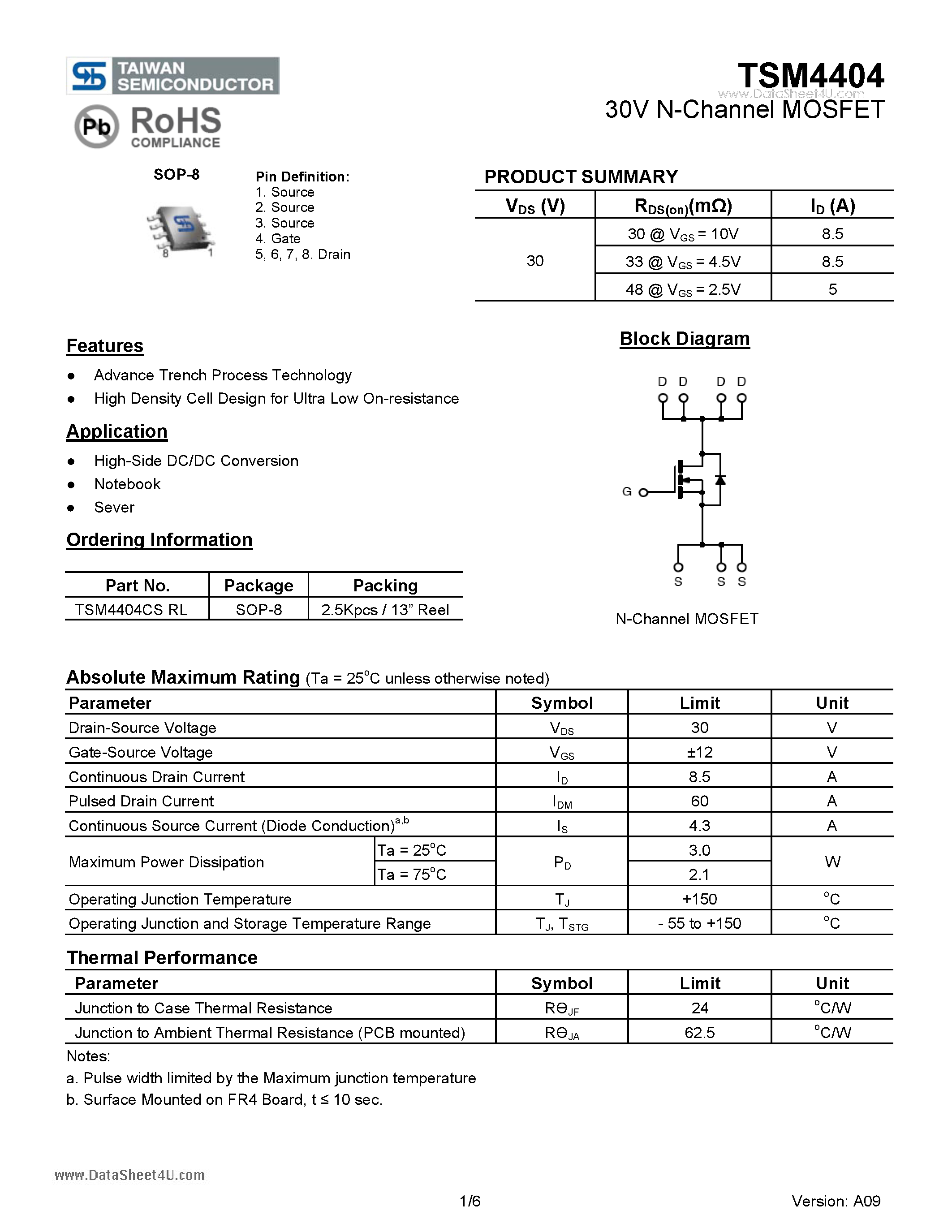 Datasheet TSM4404 page 1 Datasheet TSM4404 - 30V N-Channel MOSFET page 1