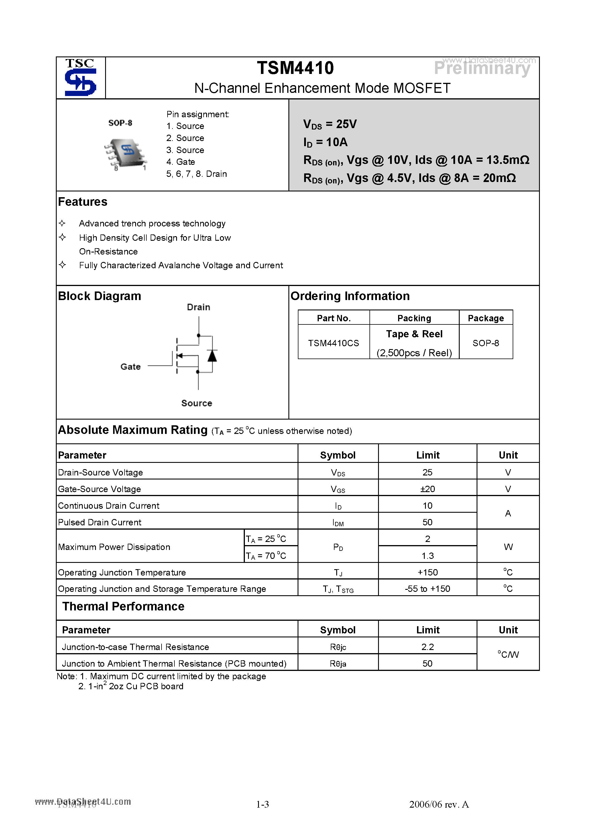 Datasheet TSM4410 - N-Channel Enhancement Mode MOSFET page 1