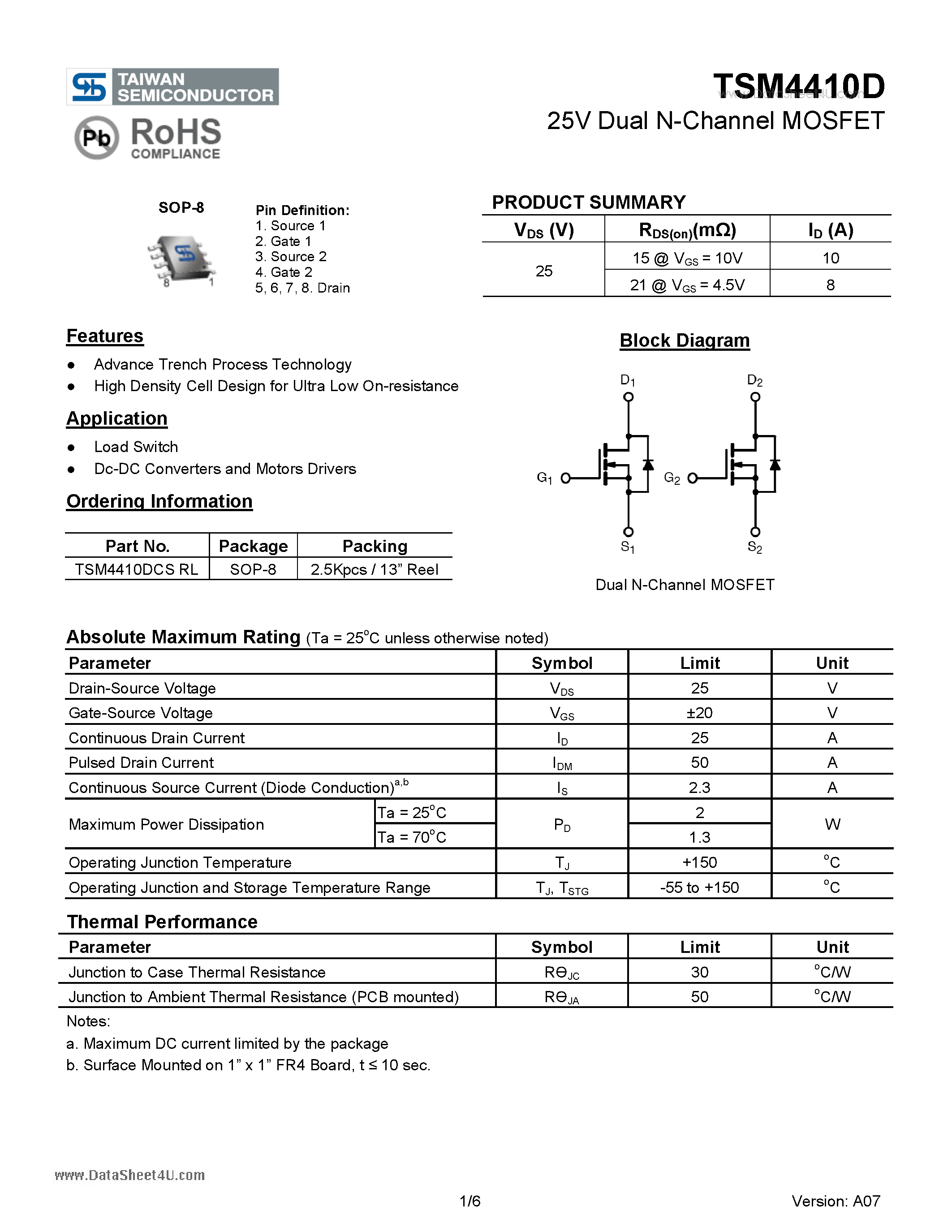 Datasheet TSM4410D - 25V Dual N-Channel MOSFET page 1