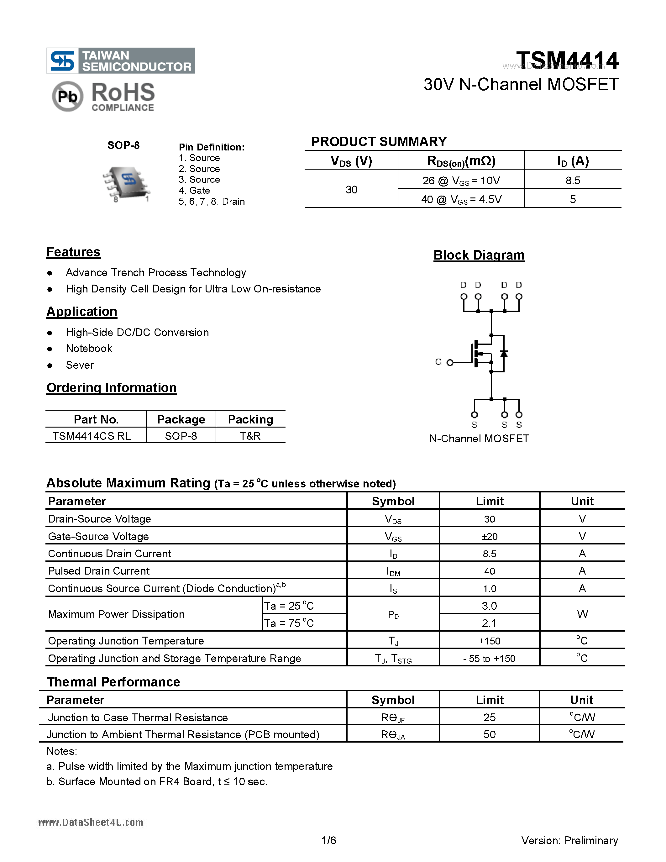 Datasheet TSM4414 - 30V N-Channel MOSFET page 1