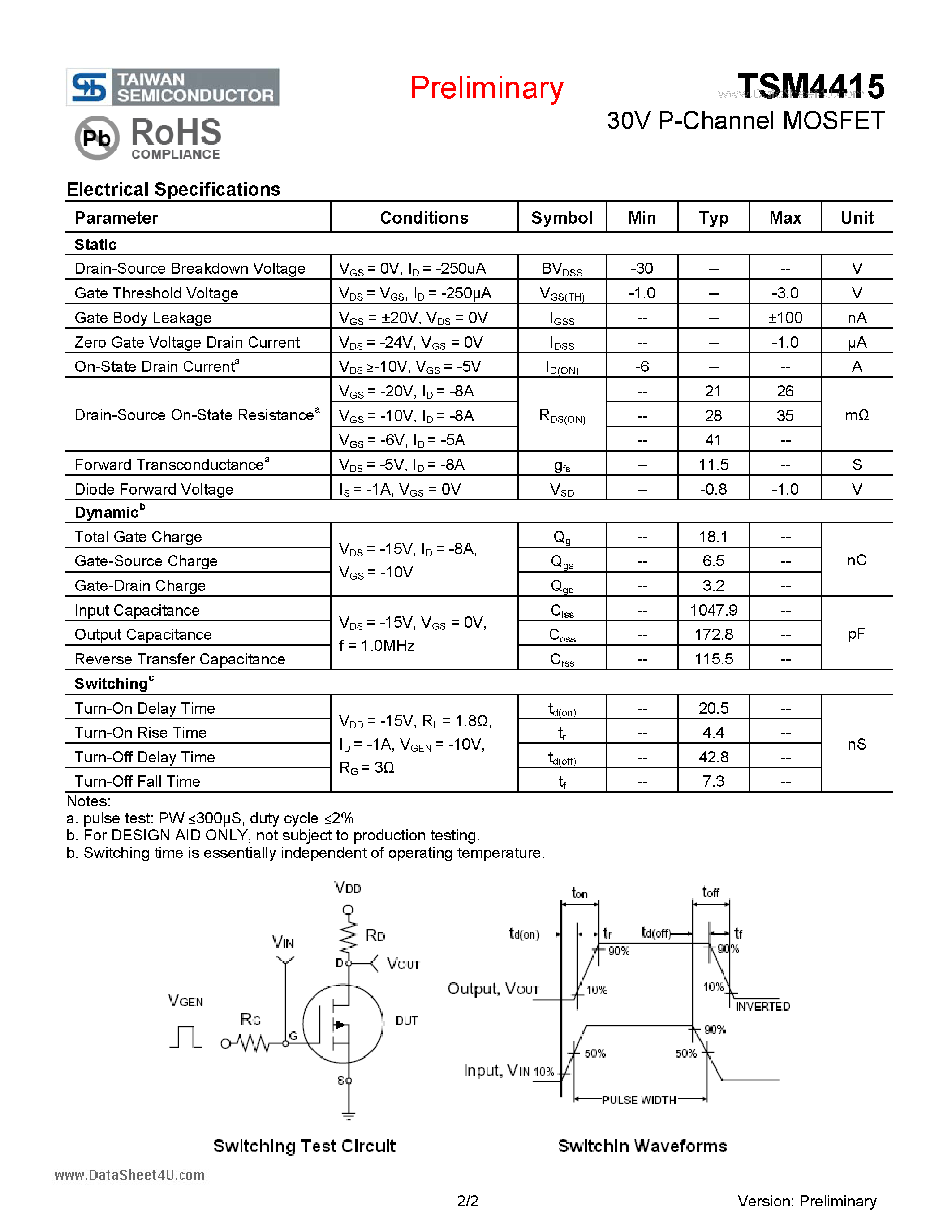 Datasheet TSM4415 - 30V P-Channel MOSFET page 2