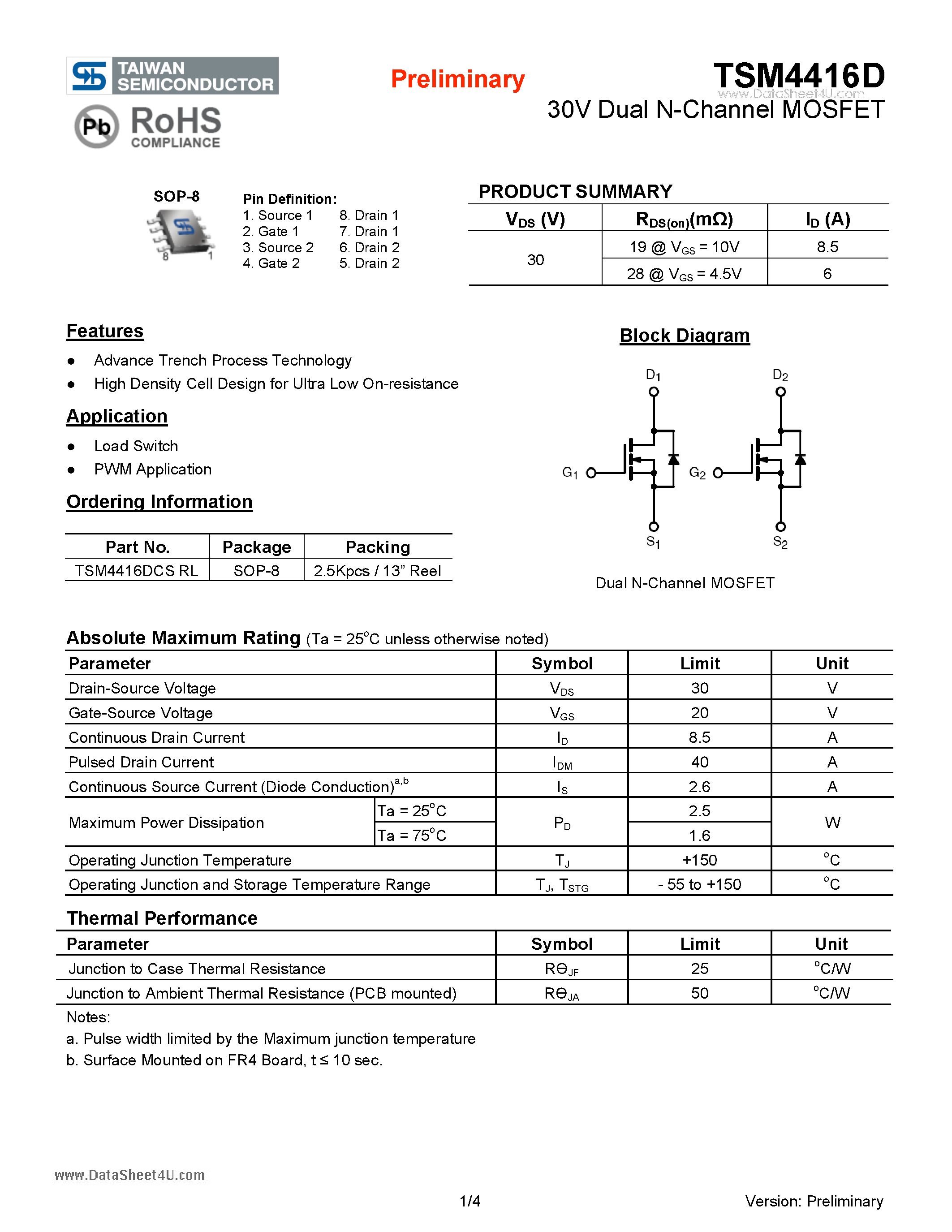 Datasheet TSM4416D page 1 Datasheet TSM4416D - 30V Dual N-Channel MOSFET page 1