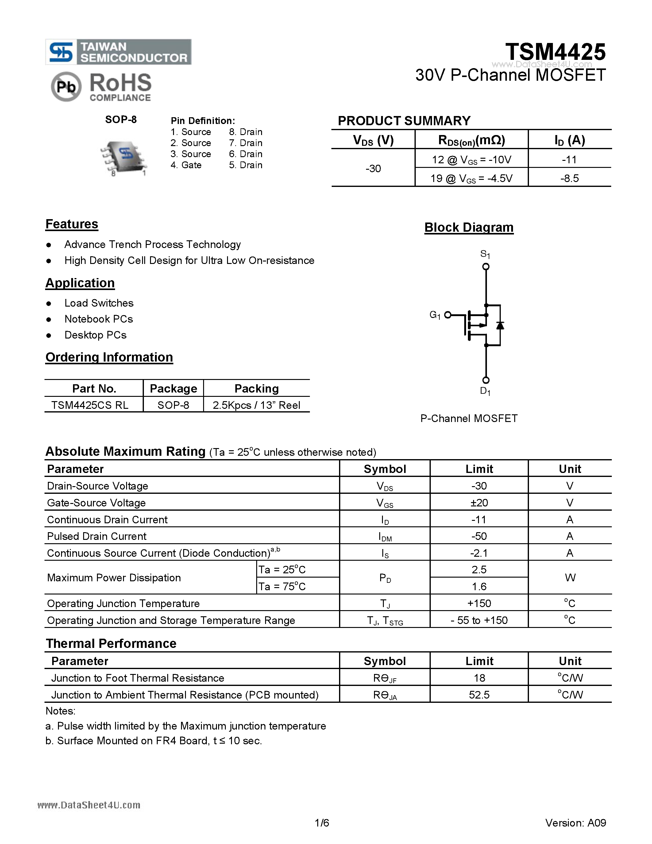 Datasheet TSM4425 page 1 Datasheet TSM4425 - 30V P-Channel MOSFET page 1
