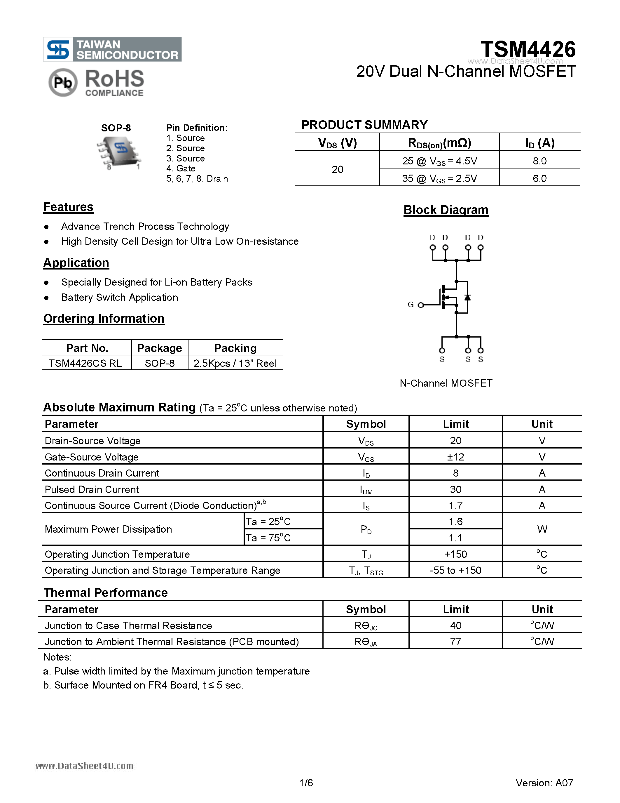 Datasheet TSM4426 page 1 Datasheet TSM4426 - 20V Dual N-Channel MOSFET page 1