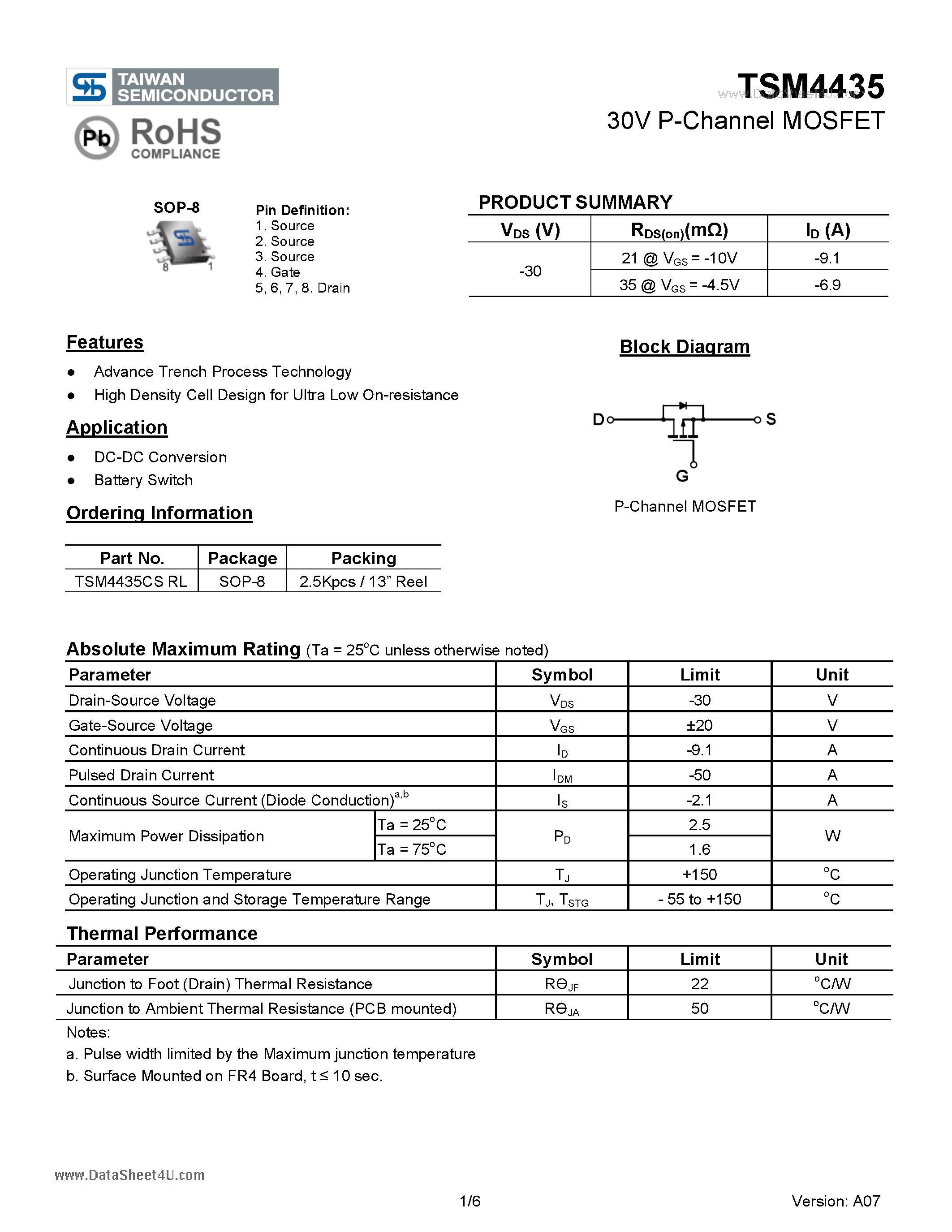 Datasheet TSM4435 - 30V P-Channel MOSFET page 1