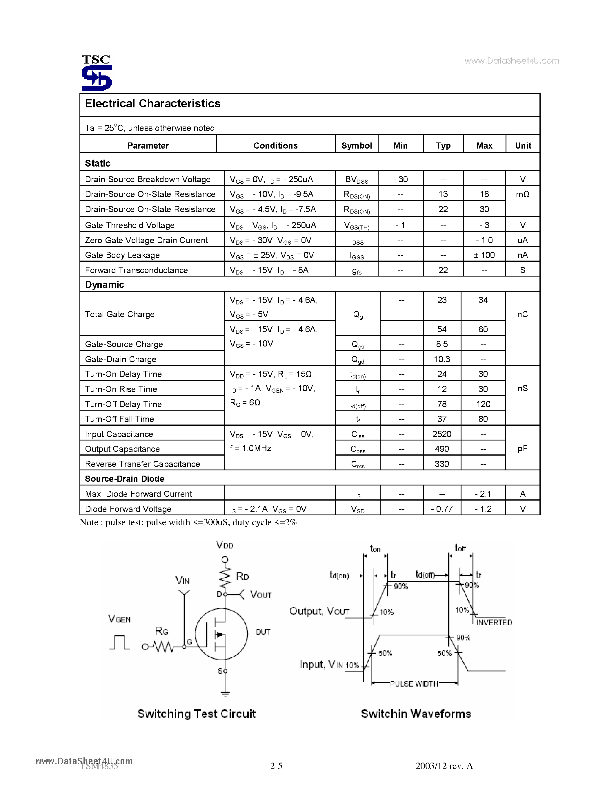 Datasheet TSM4835 page 2 Datasheet TSM4835 - 30V P-Channel Enhancement Mode MOSFET page 2