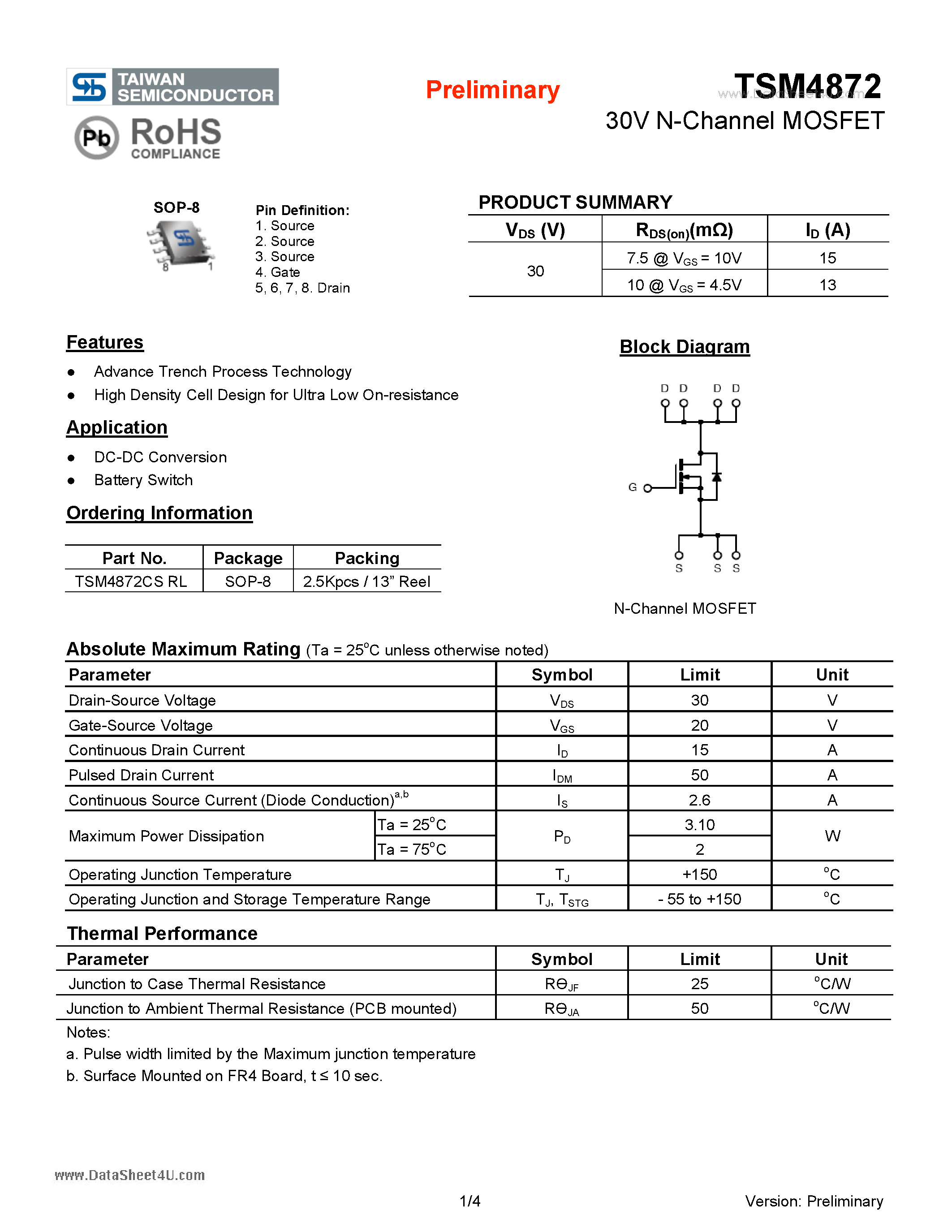 Datasheet TSM4872 page 1 Datasheet TSM4872 - 30V N-Channel MOSFET page 1