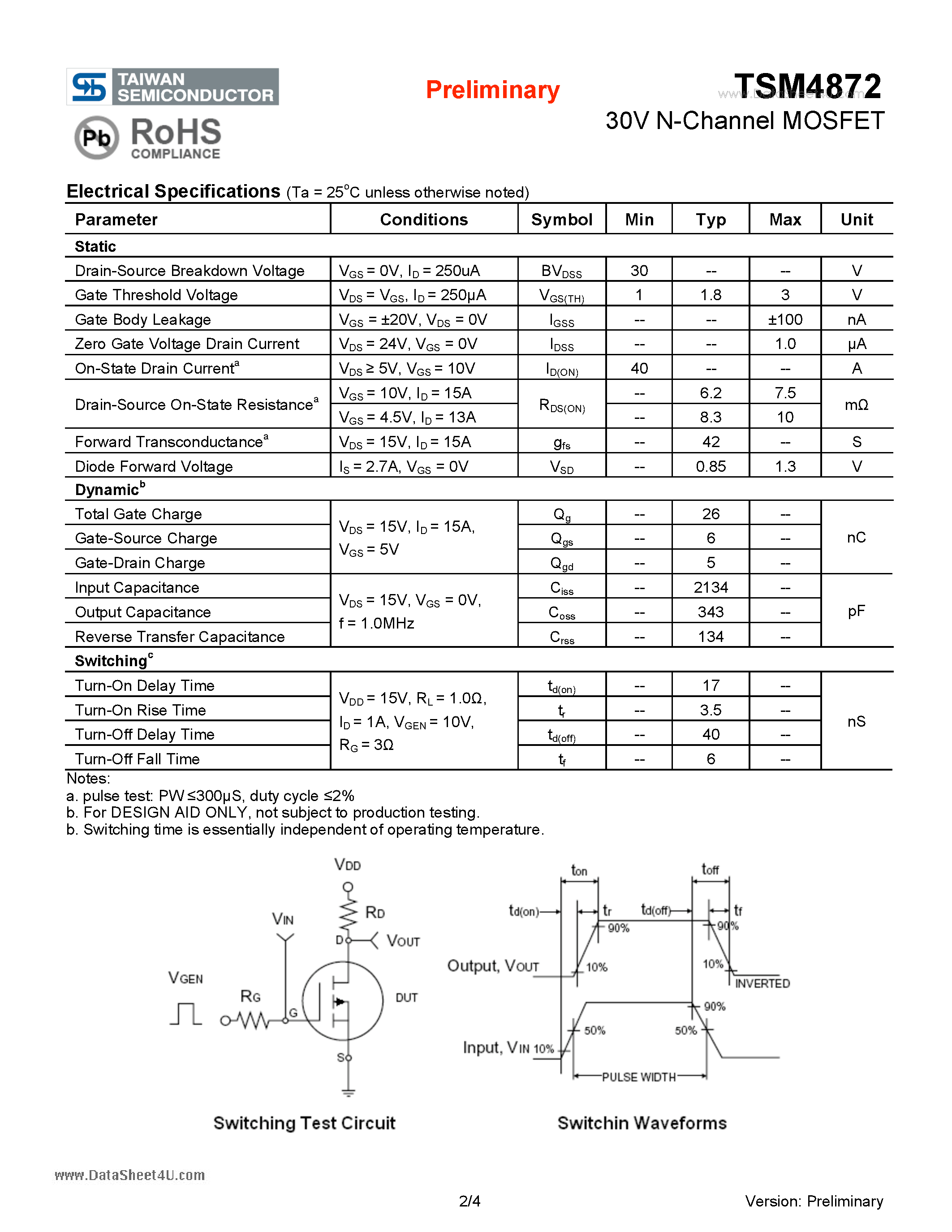 Datasheet TSM4872 page 2 Datasheet TSM4872 - 30V N-Channel MOSFET page 2